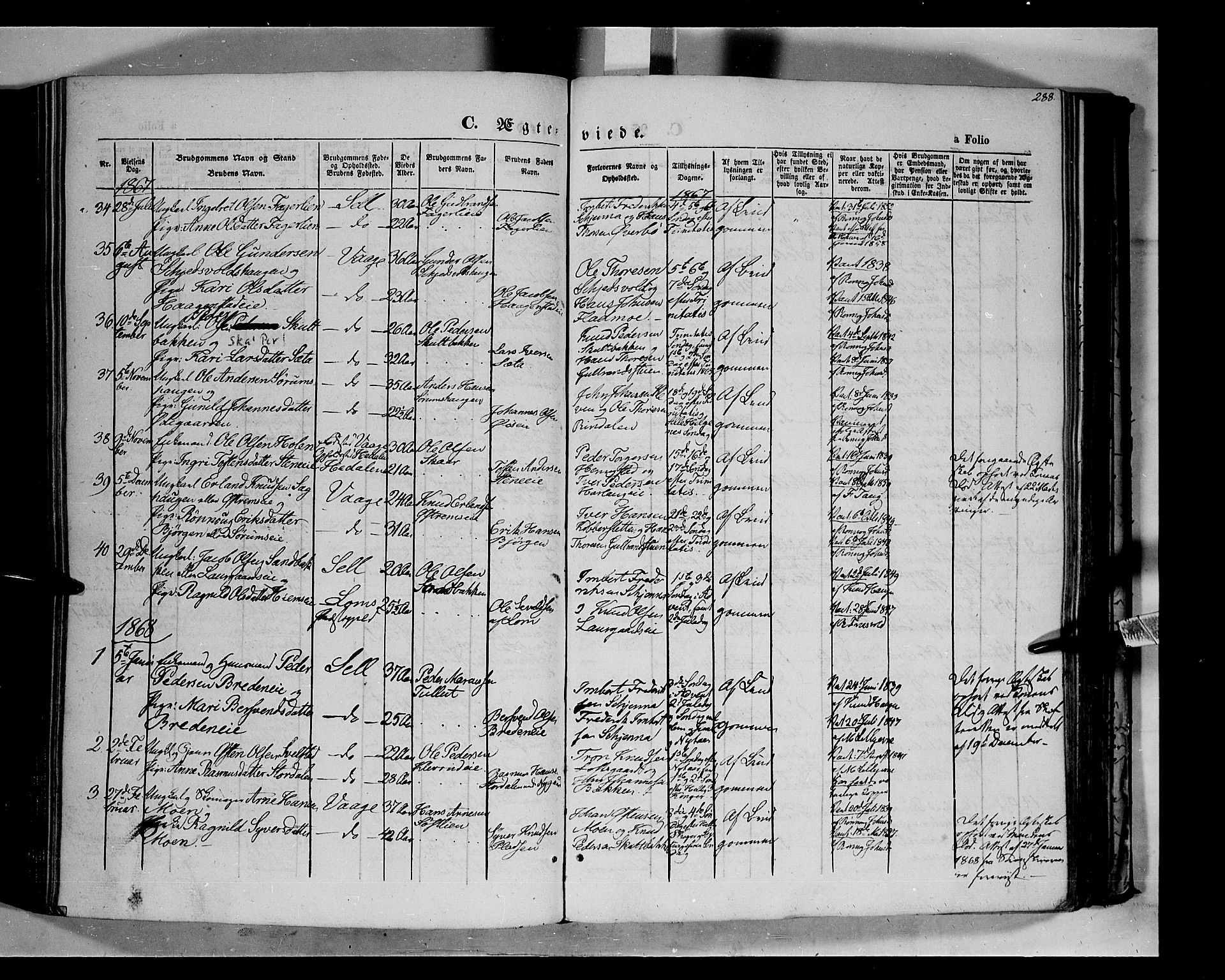 Vågå prestekontor, AV/SAH-PREST-076/H/Ha/Haa/L0006: Parish register (official) no. 6 /1, 1856-1872, p. 288