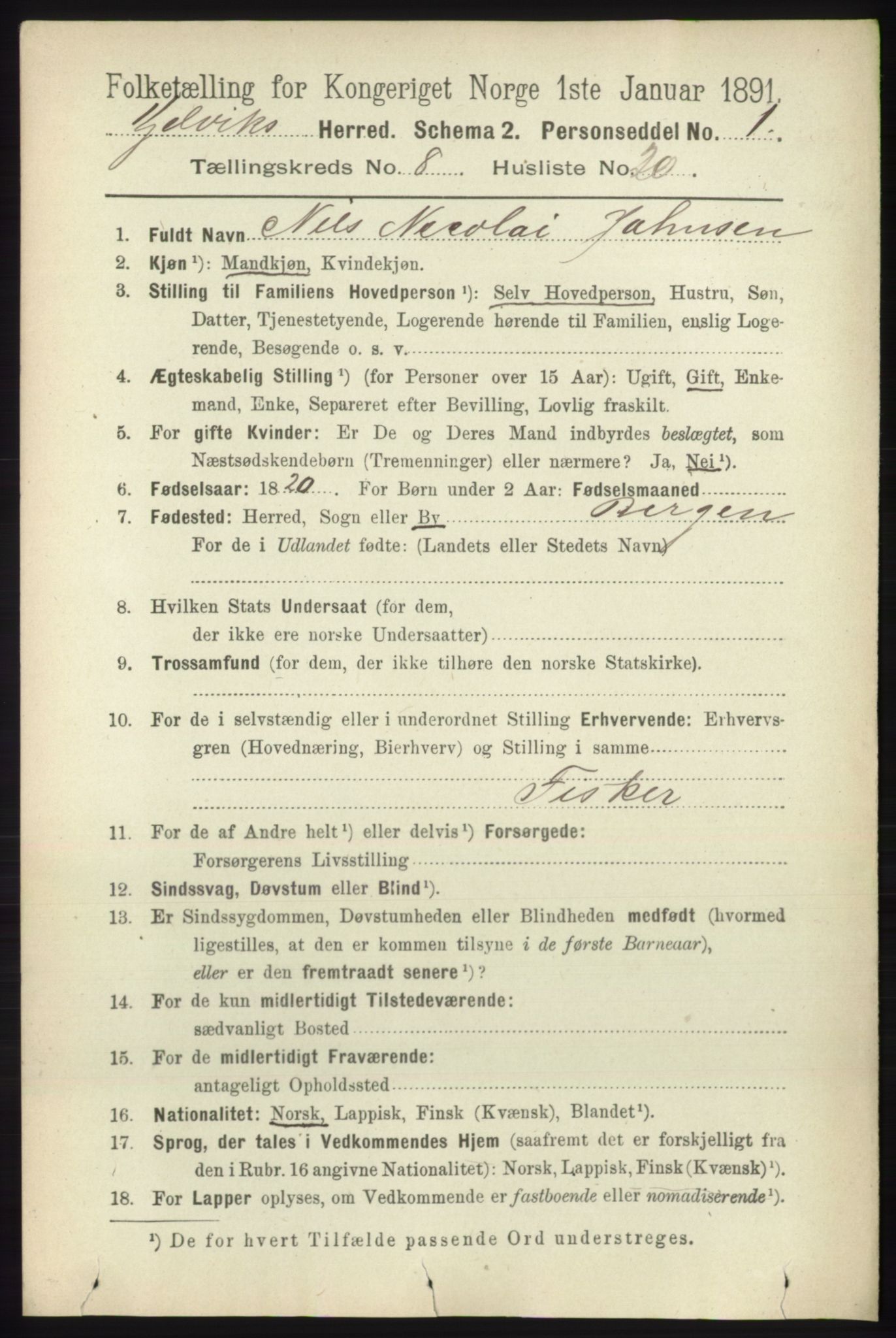 RA, 1891 census for 2019 Kjelvik, 1891, p. 1380