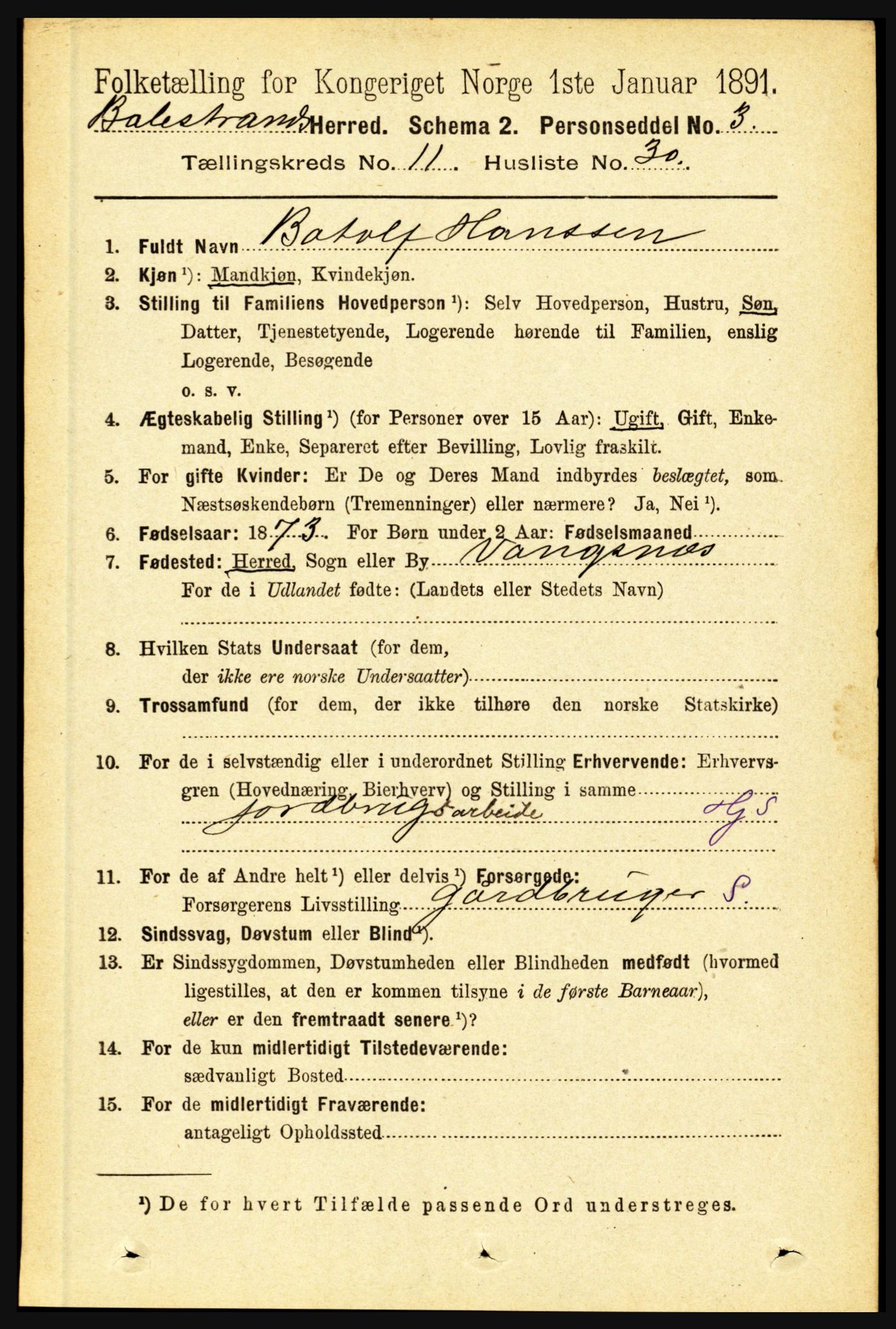 RA, 1891 census for 1418 Balestrand, 1891, p. 2643