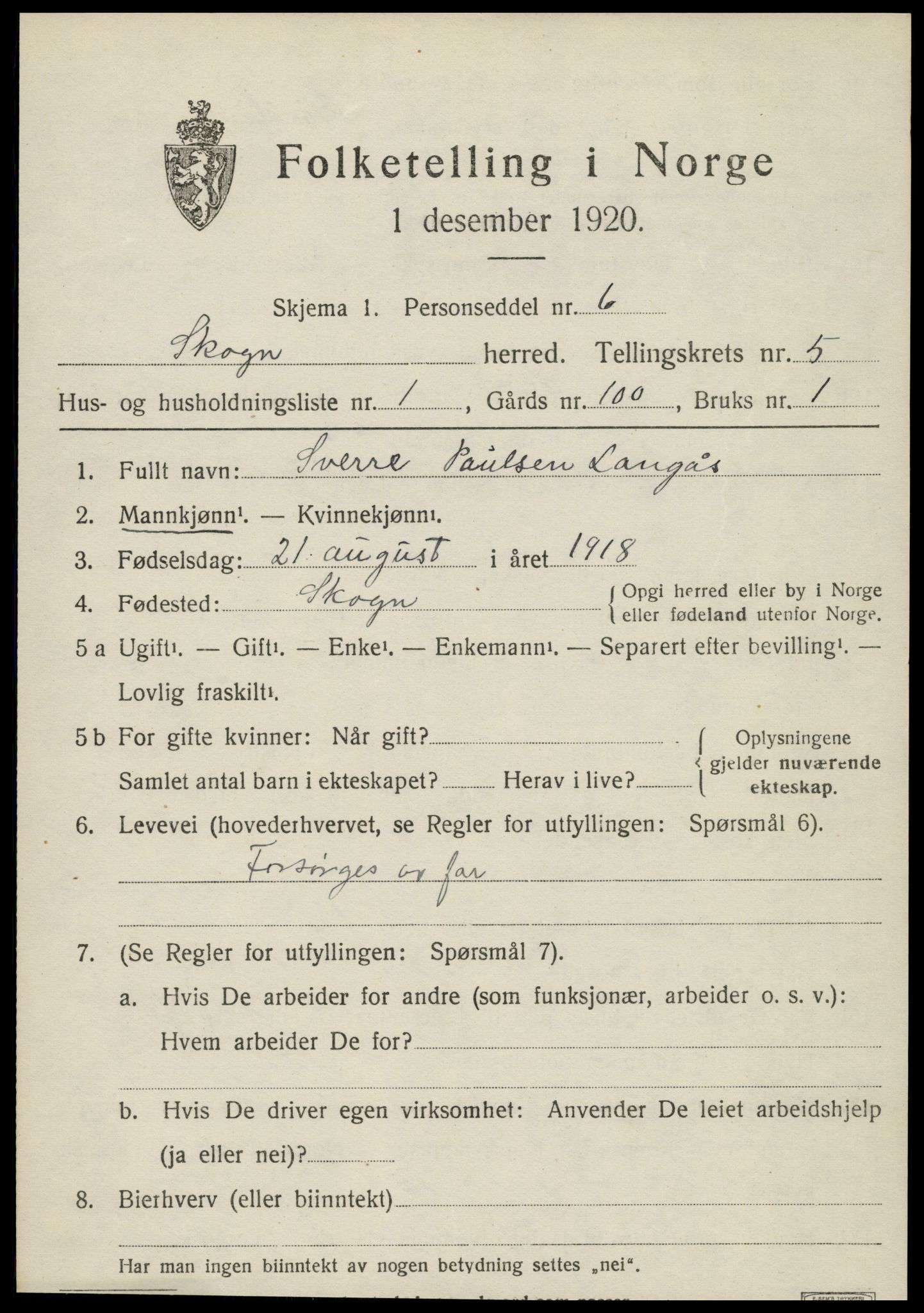 SAT, 1920 census for Skogn, 1920, p. 6495