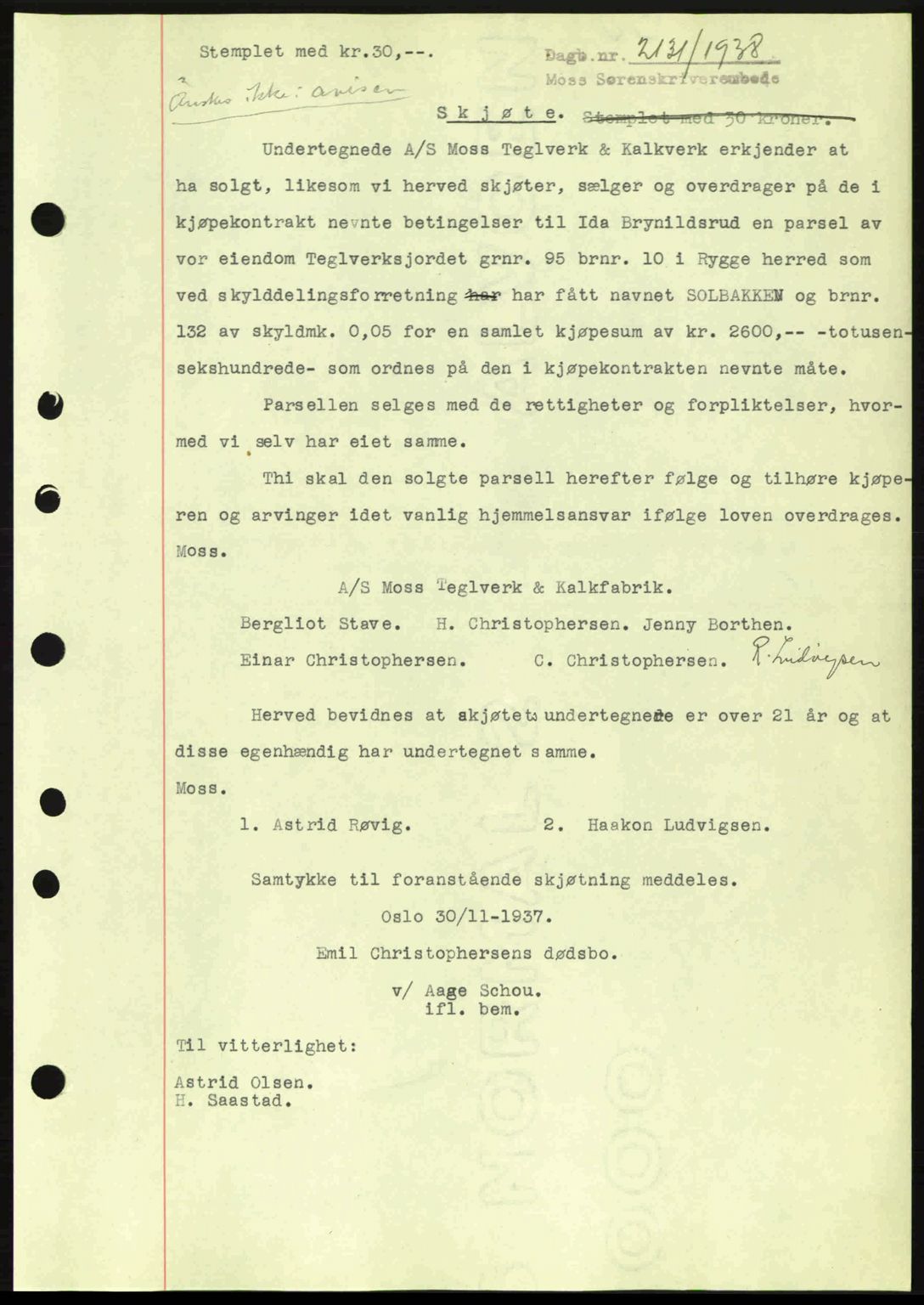 Moss sorenskriveri, SAO/A-10168: Mortgage book no. A5, 1938-1939, Diary no: : 2131/1938