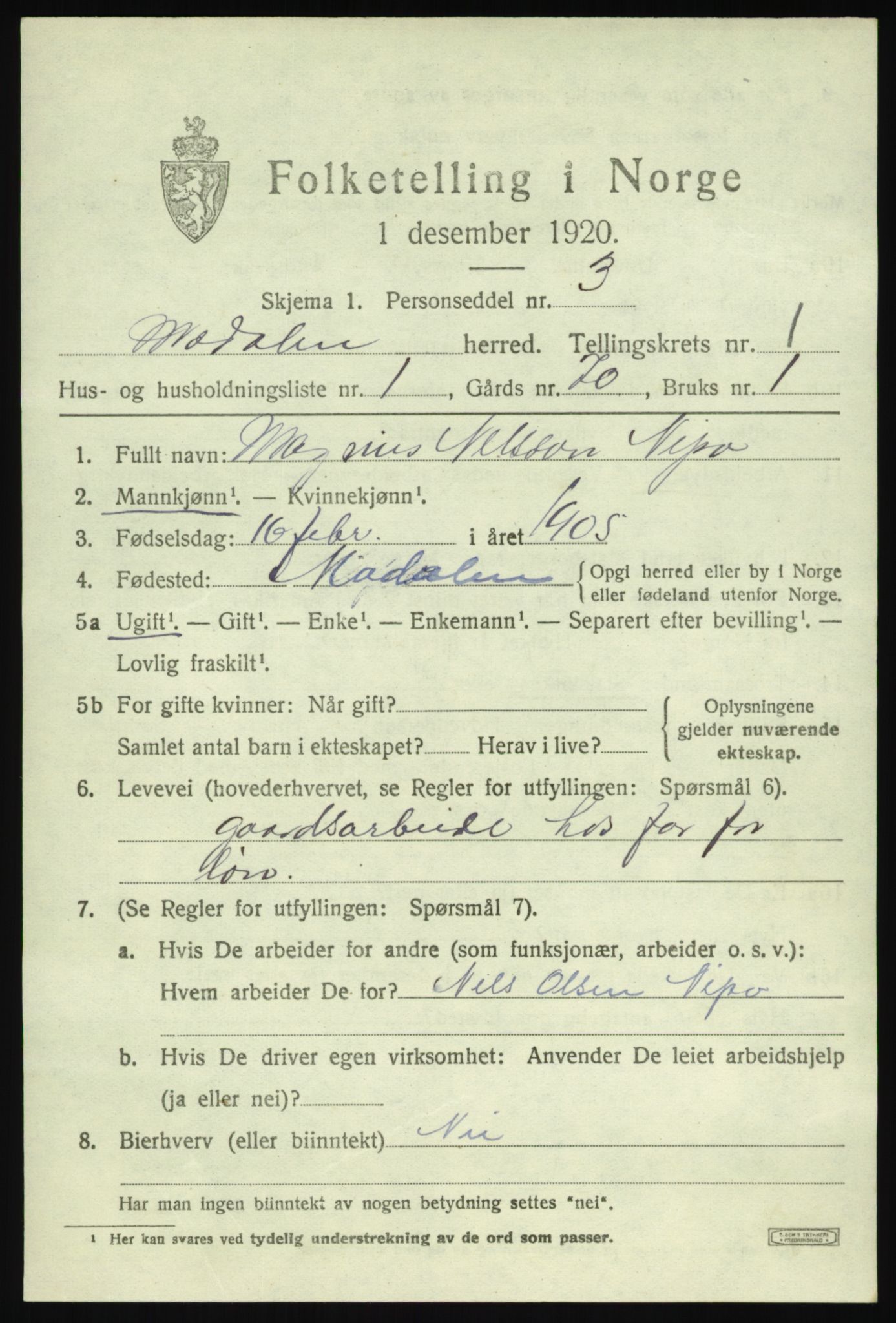 SAB, 1920 census for Modalen, 1920, p. 268