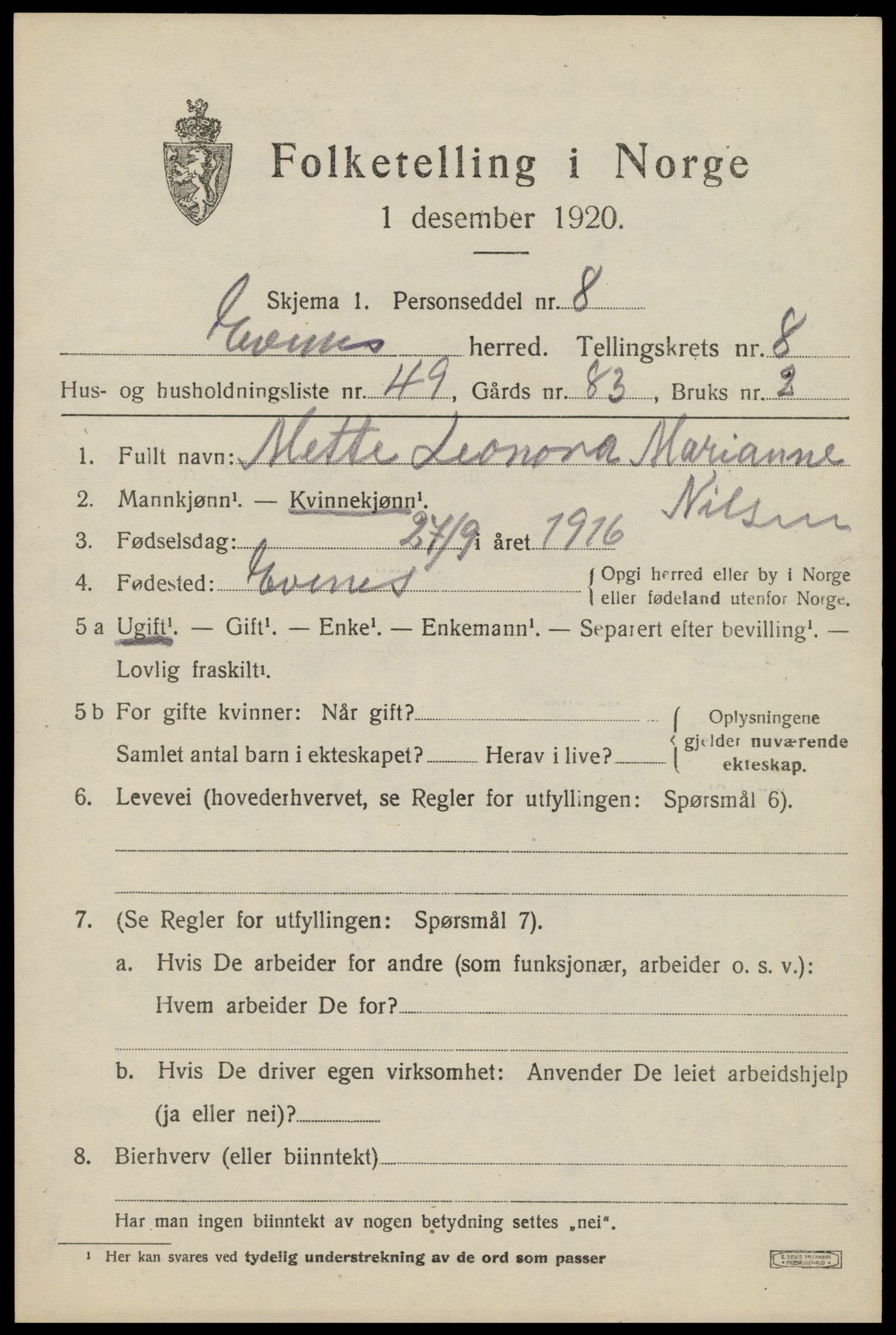 SAT, 1920 census for Evenes, 1920, p. 7036