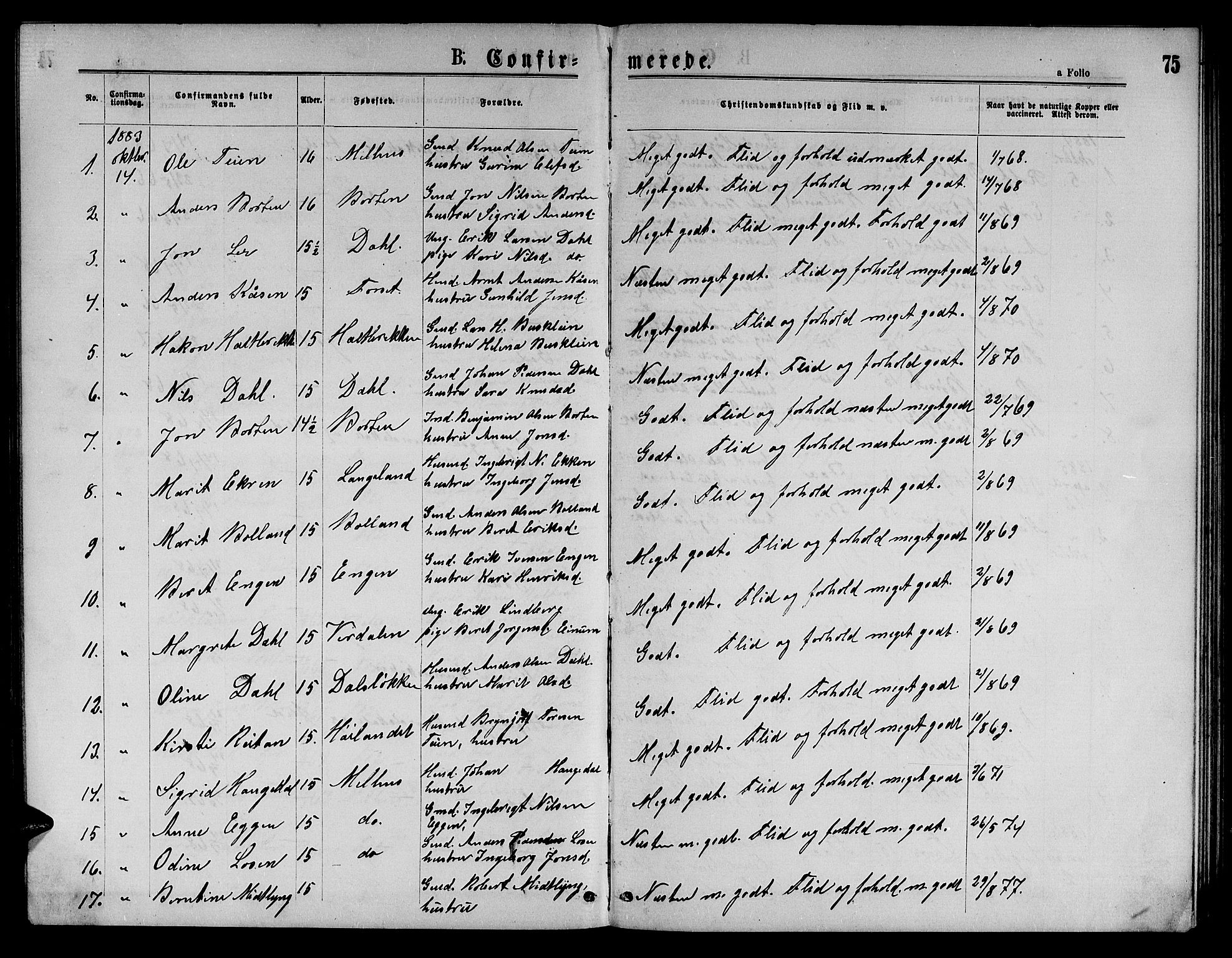 Ministerialprotokoller, klokkerbøker og fødselsregistre - Sør-Trøndelag, SAT/A-1456/693/L1122: Parish register (copy) no. 693C03, 1870-1886, p. 75