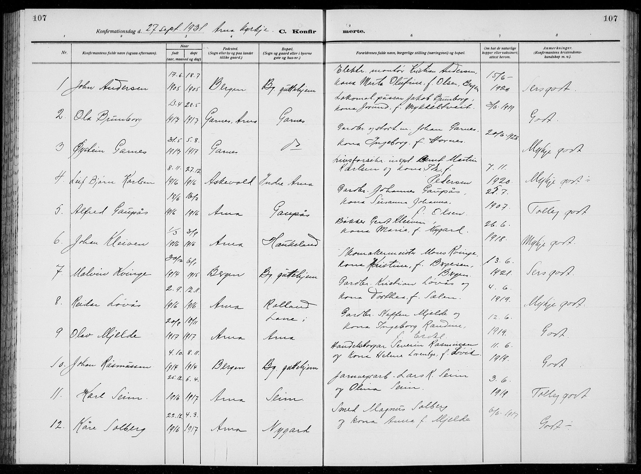 Arna Sokneprestembete, SAB/A-74001/H/Ha/Hab: Parish register (copy) no. A  6, 1922-1936, p. 107