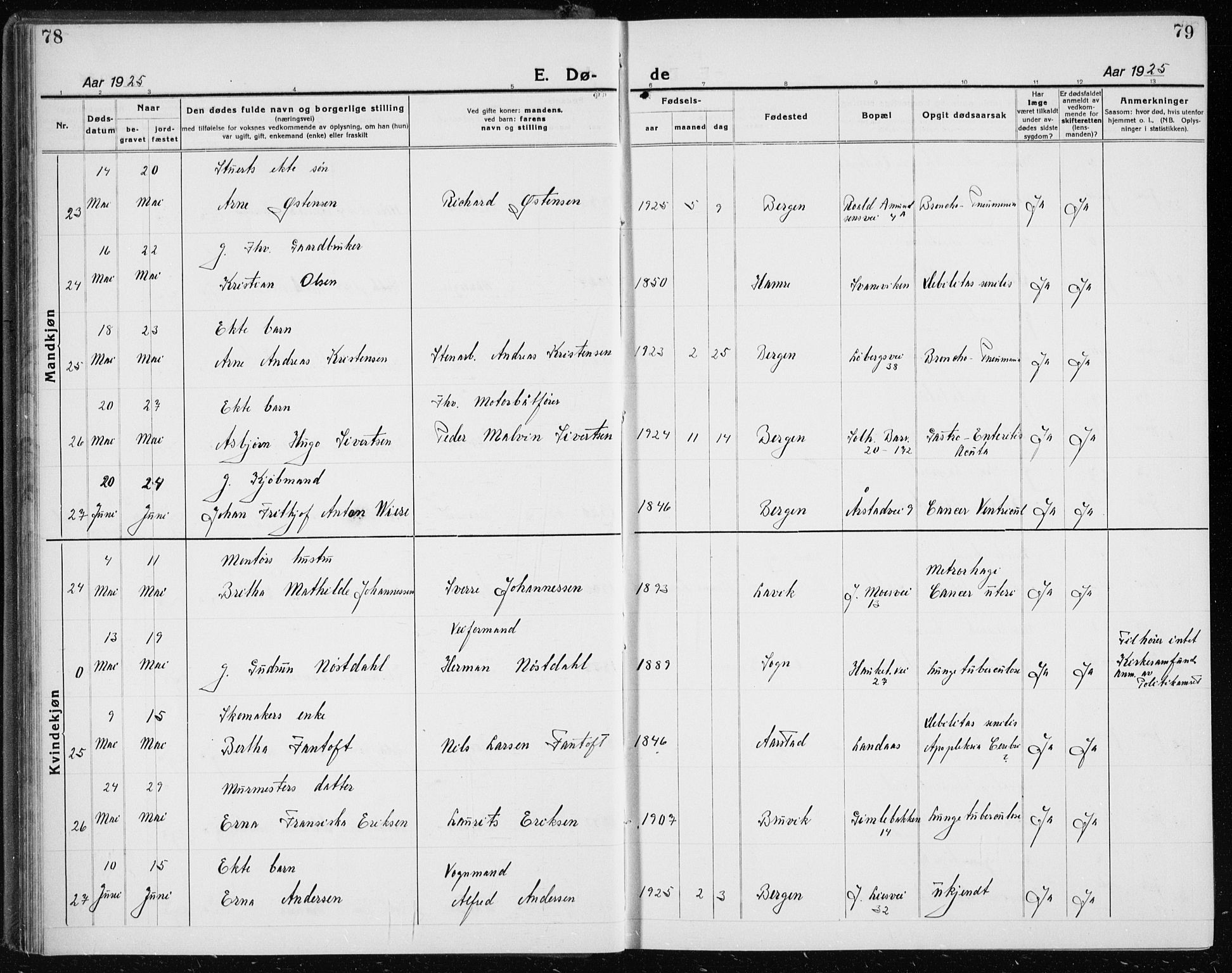 Årstad Sokneprestembete, AV/SAB-A-79301/H/Hab/L0025: Parish register (copy) no. D 2, 1922-1940, p. 78-79