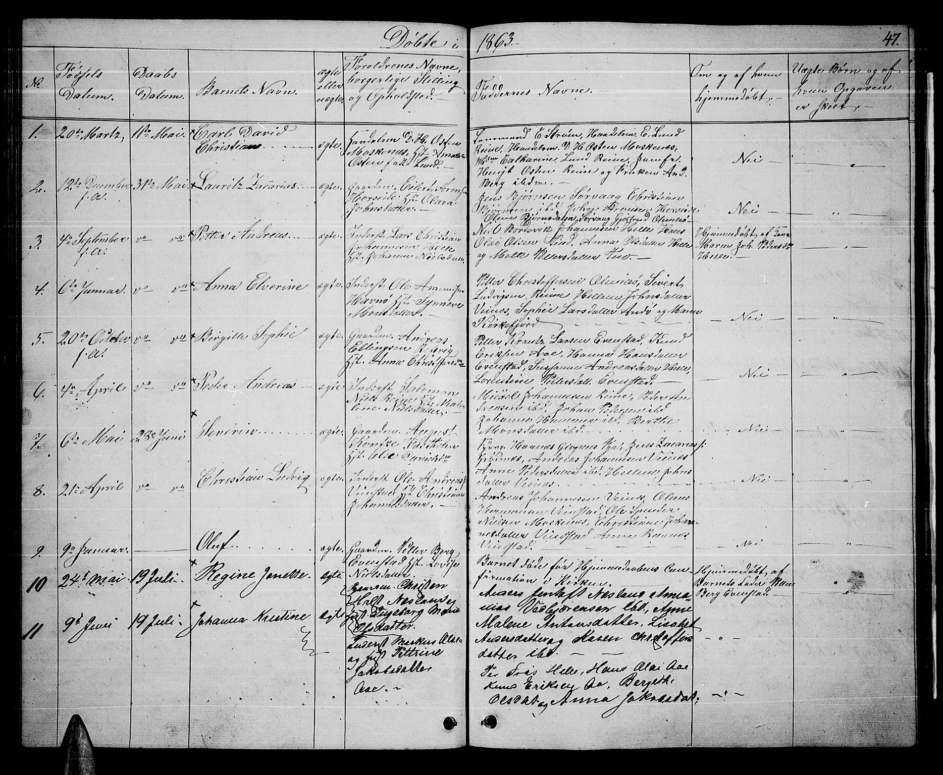 Ministerialprotokoller, klokkerbøker og fødselsregistre - Nordland, AV/SAT-A-1459/886/L1224: Parish register (copy) no. 886C01, 1843-1873, p. 47