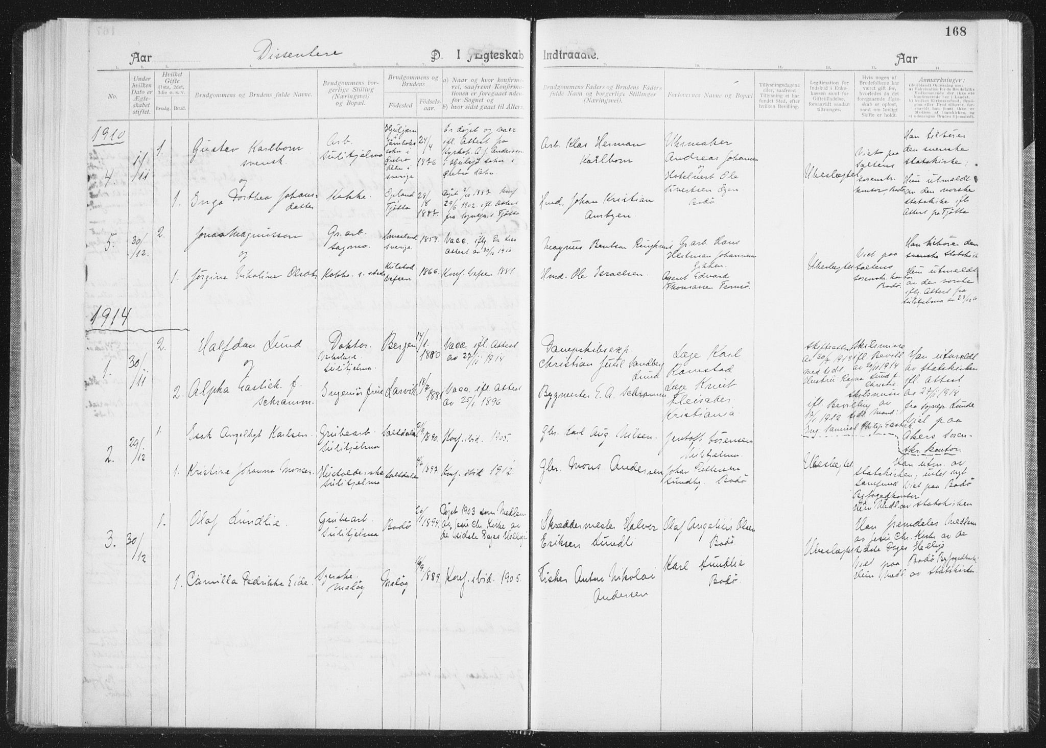 Ministerialprotokoller, klokkerbøker og fødselsregistre - Nordland, SAT/A-1459/850/L0711: Curate's parish register no. 850B01, 1902-1915, p. 168