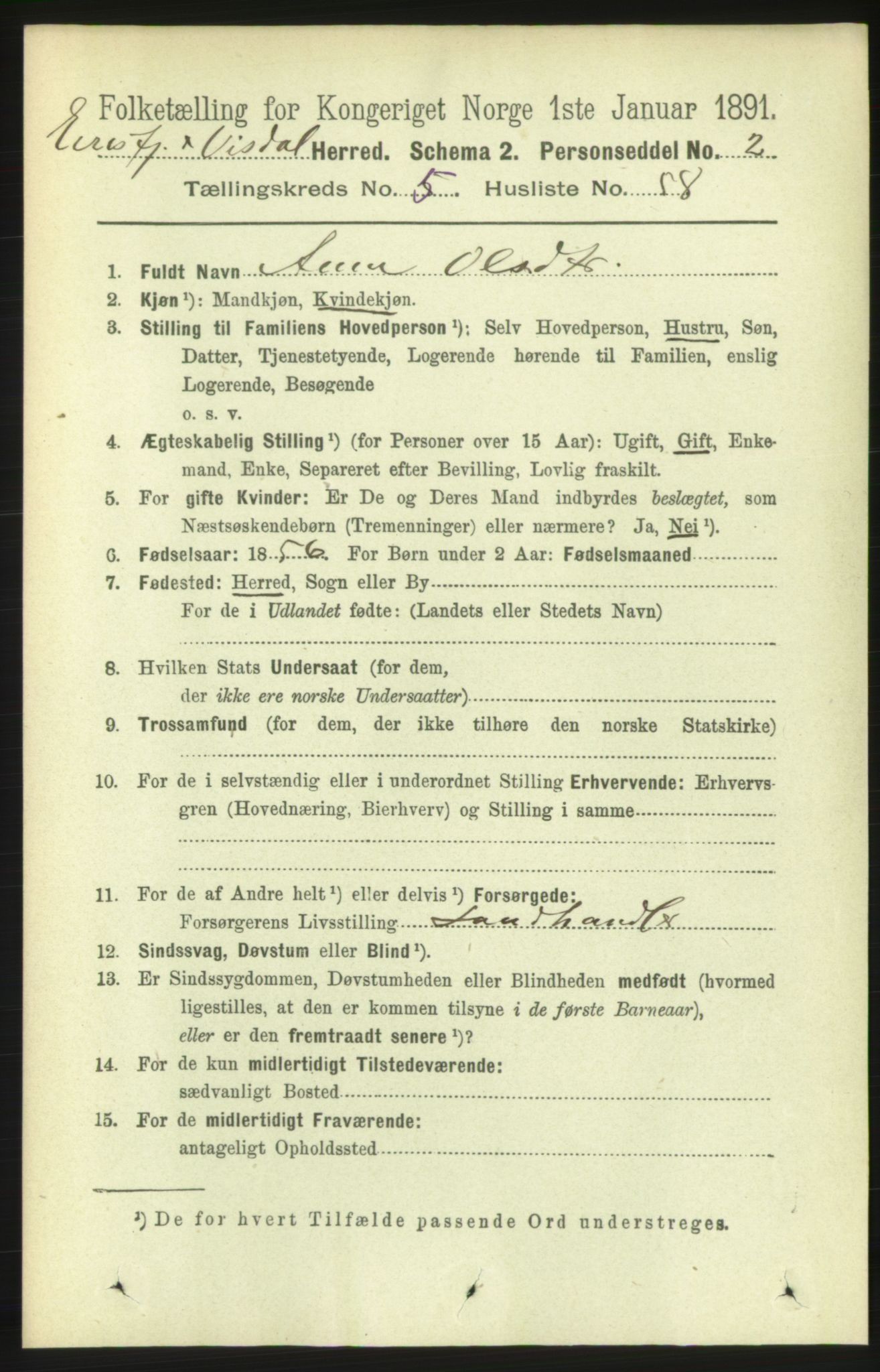 RA, 1891 census for 1542 Eresfjord og Vistdal, 1891, p. 1413