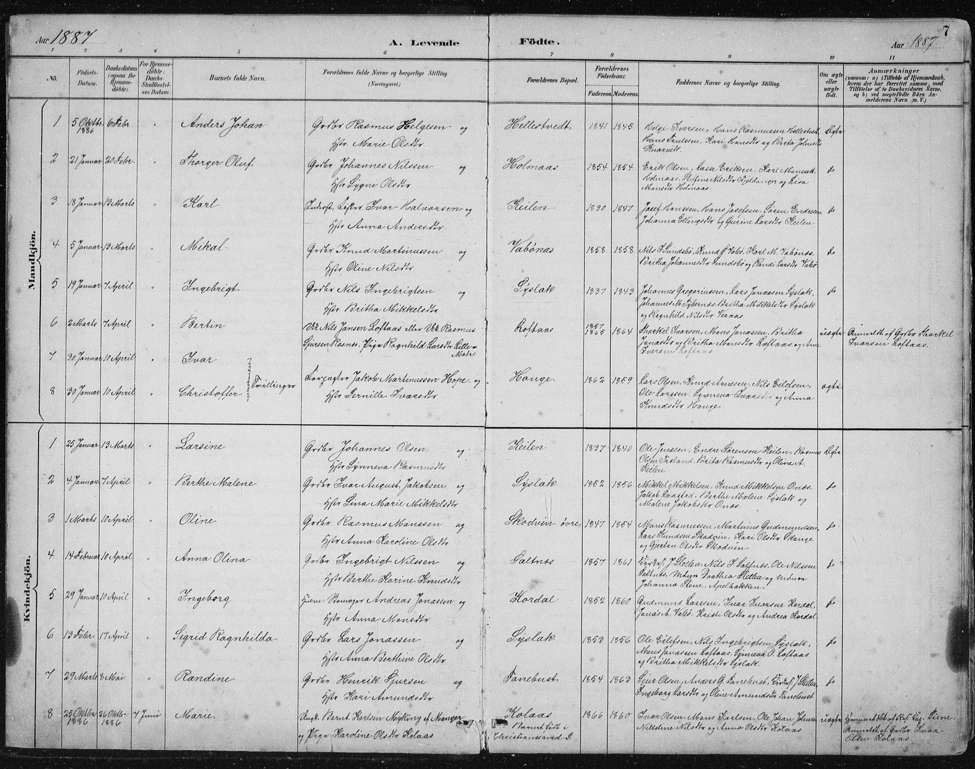 Lindås Sokneprestembete, SAB/A-76701/H/Hab: Parish register (copy) no. B 3, 1886-1914, p. 7