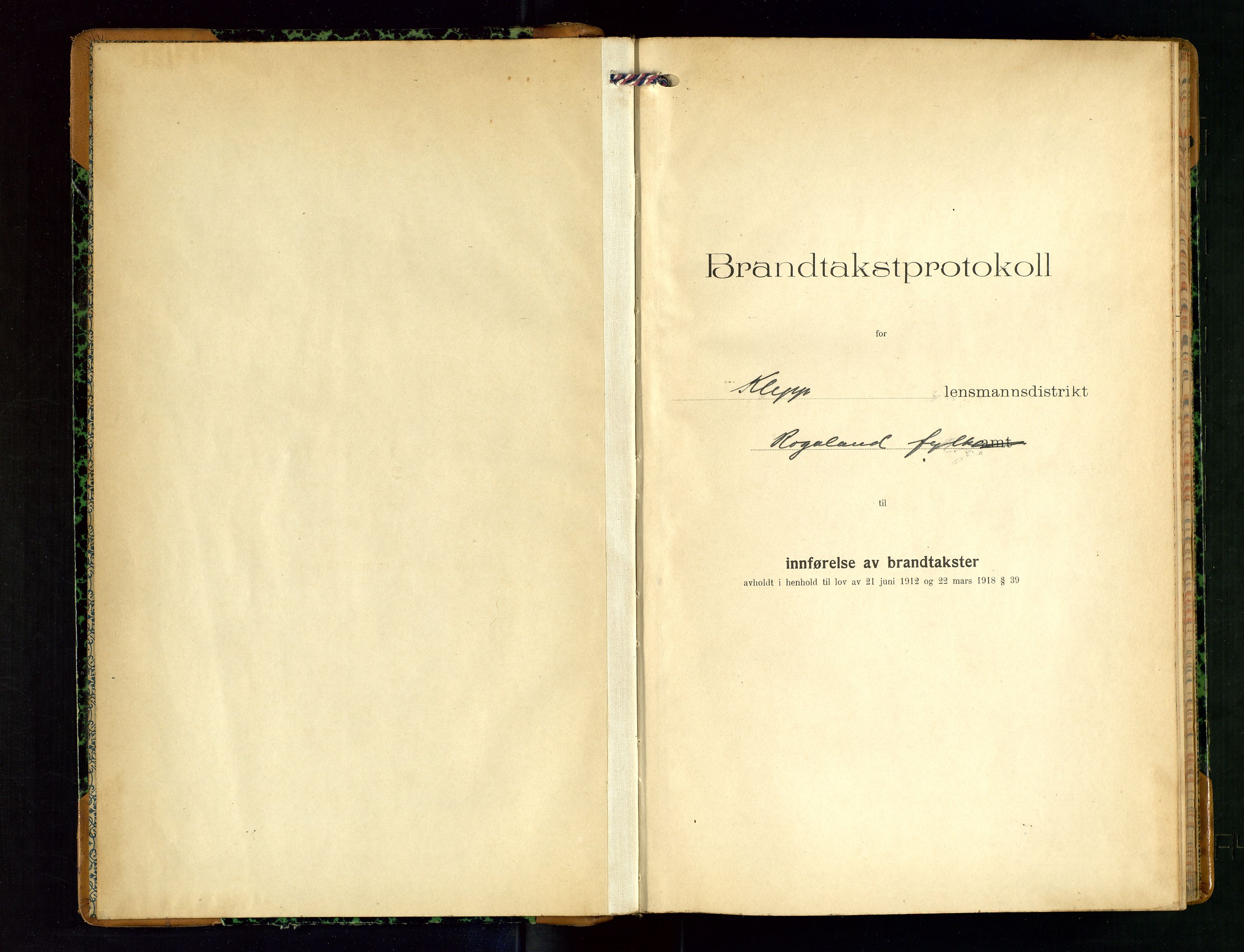 Klepp lensmannskontor, SAST/A-100163/Goc/L0011: "Brandtakstprotokoll" m/register, 1924-1929