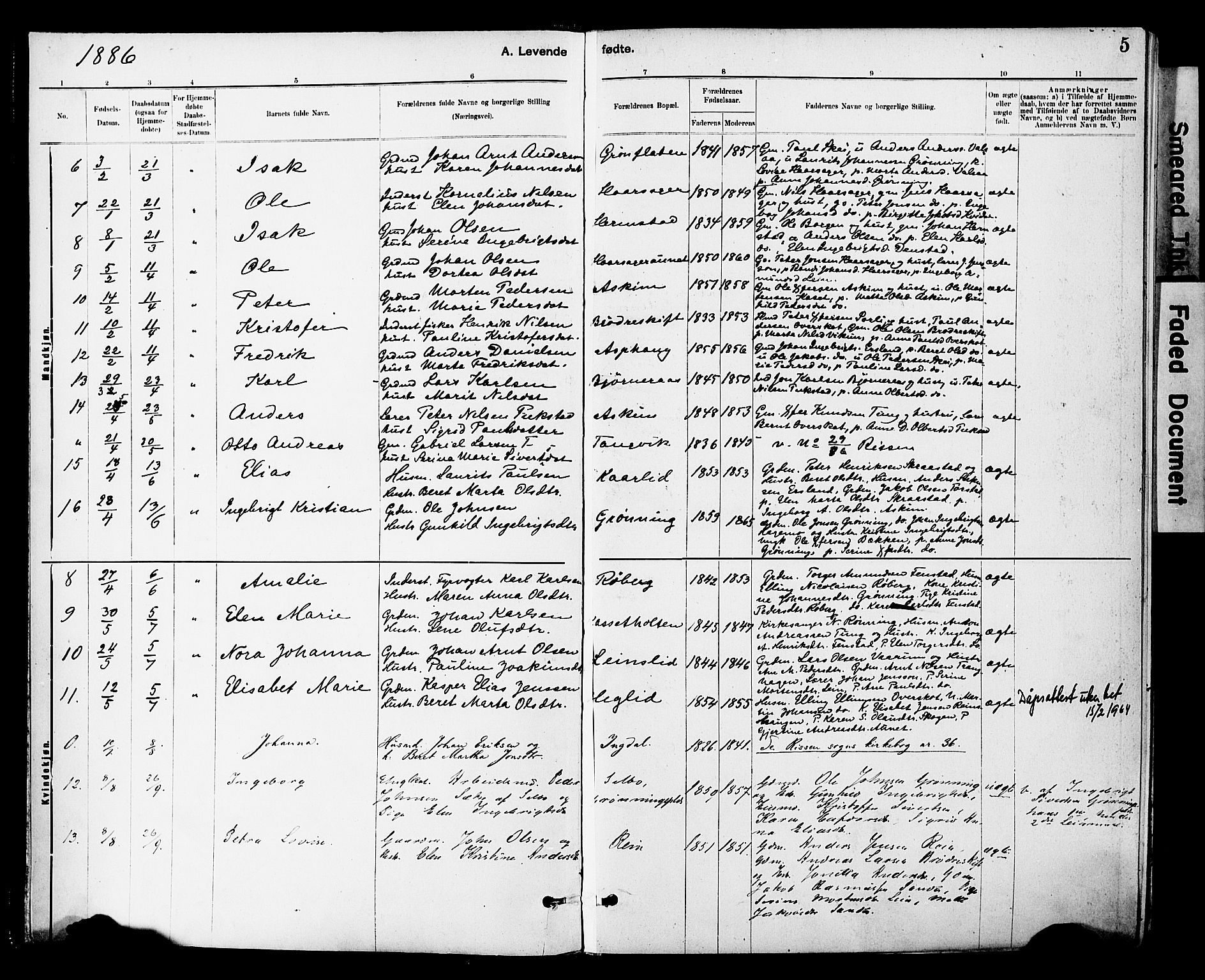 Ministerialprotokoller, klokkerbøker og fødselsregistre - Sør-Trøndelag, AV/SAT-A-1456/646/L0615: Parish register (official) no. 646A13, 1885-1900, p. 5