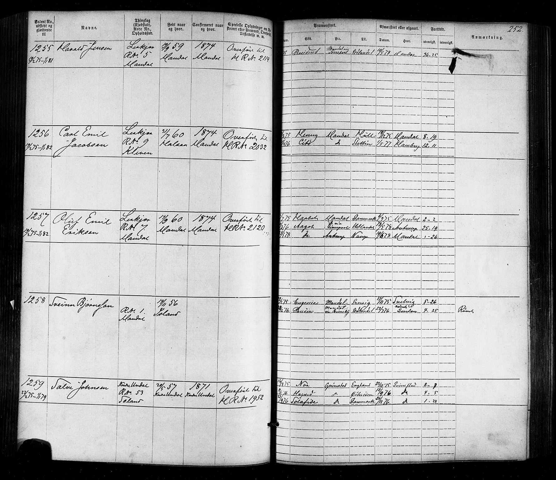 Mandal mønstringskrets, SAK/2031-0016/F/Fa/L0005: Annotasjonsrulle nr 1-1909 med register, Y-15, 1868-1880, p. 292