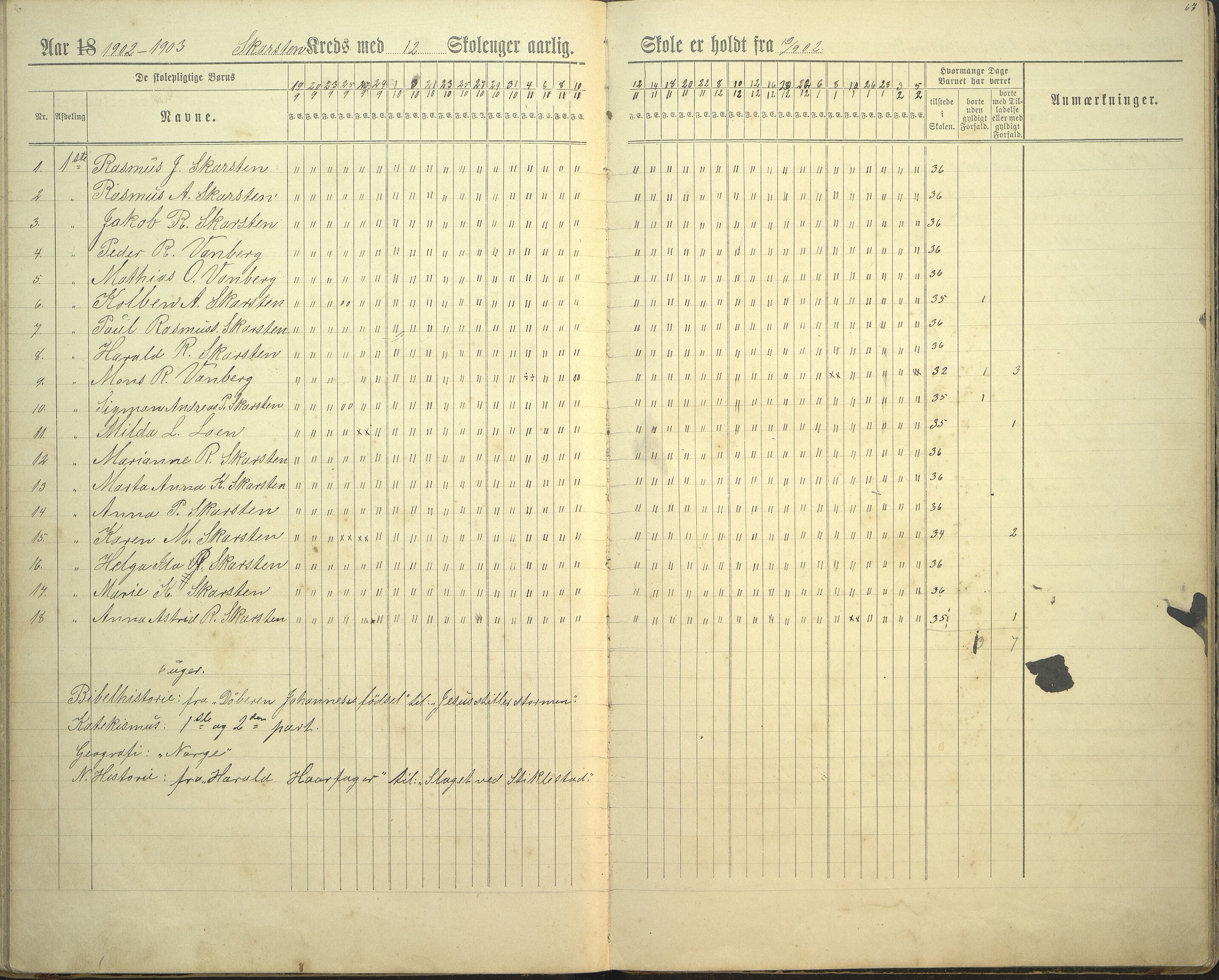 Innvik kommune. Rake skule, VLFK/K-14470.520.23/543/L0002: dagbok for Rake skule og Skarstein skule, 1894-1909, p. 67