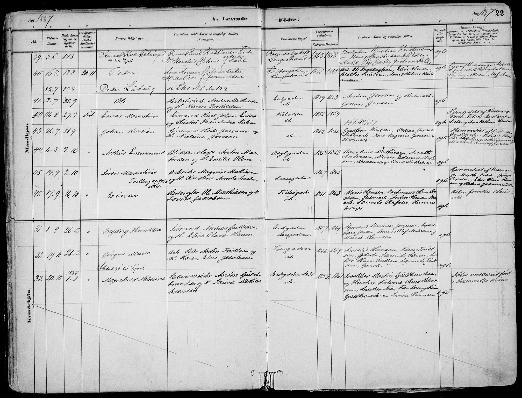 Larvik kirkebøker, AV/SAKO-A-352/F/Fb/L0004: Parish register (official) no. II 4, 1884-1902, p. 22