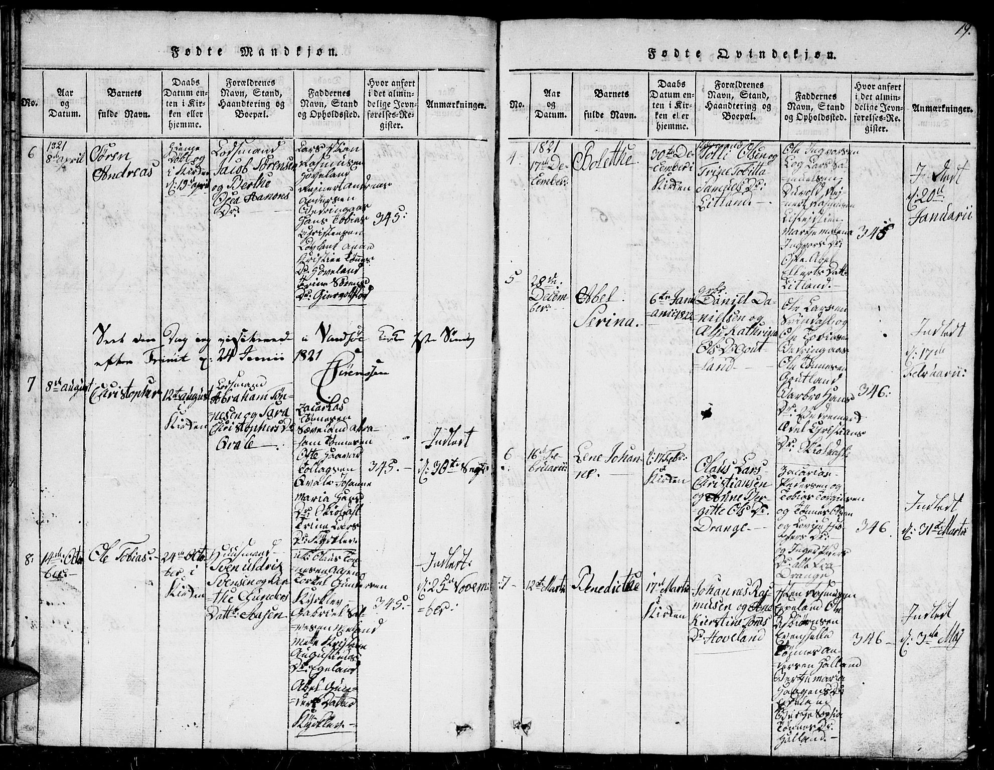 Herad sokneprestkontor, SAK/1111-0018/F/Fb/Fba/L0001: Parish register (copy) no. B 1, 1815-1852, p. 19