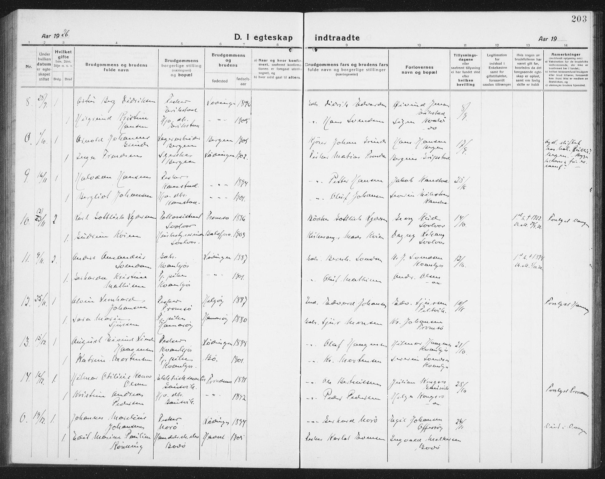 Ministerialprotokoller, klokkerbøker og fødselsregistre - Nordland, AV/SAT-A-1459/872/L1049: Parish register (copy) no. 872C05, 1920-1938, p. 203