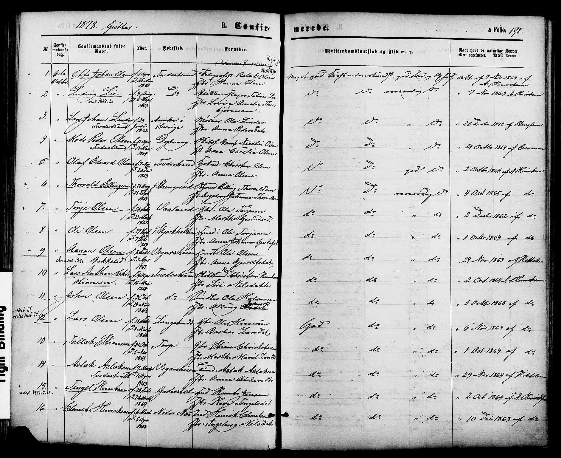 Holt sokneprestkontor, AV/SAK-1111-0021/F/Fa/L0010: Parish register (official) no. A 10, 1872-1885, p. 198