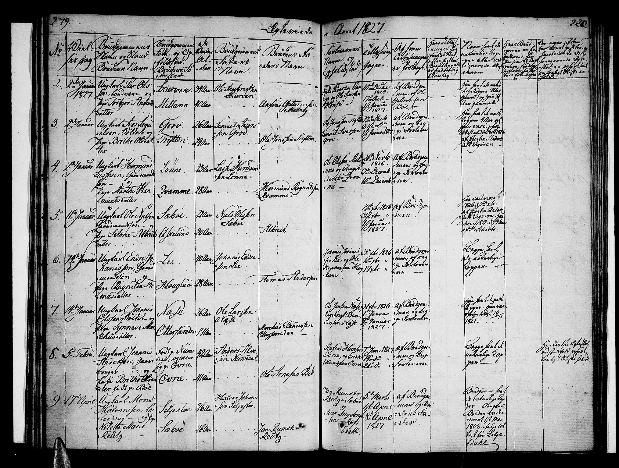 Vik sokneprestembete, SAB/A-81501: Parish register (official) no. A 6, 1821-1831, p. 279-280