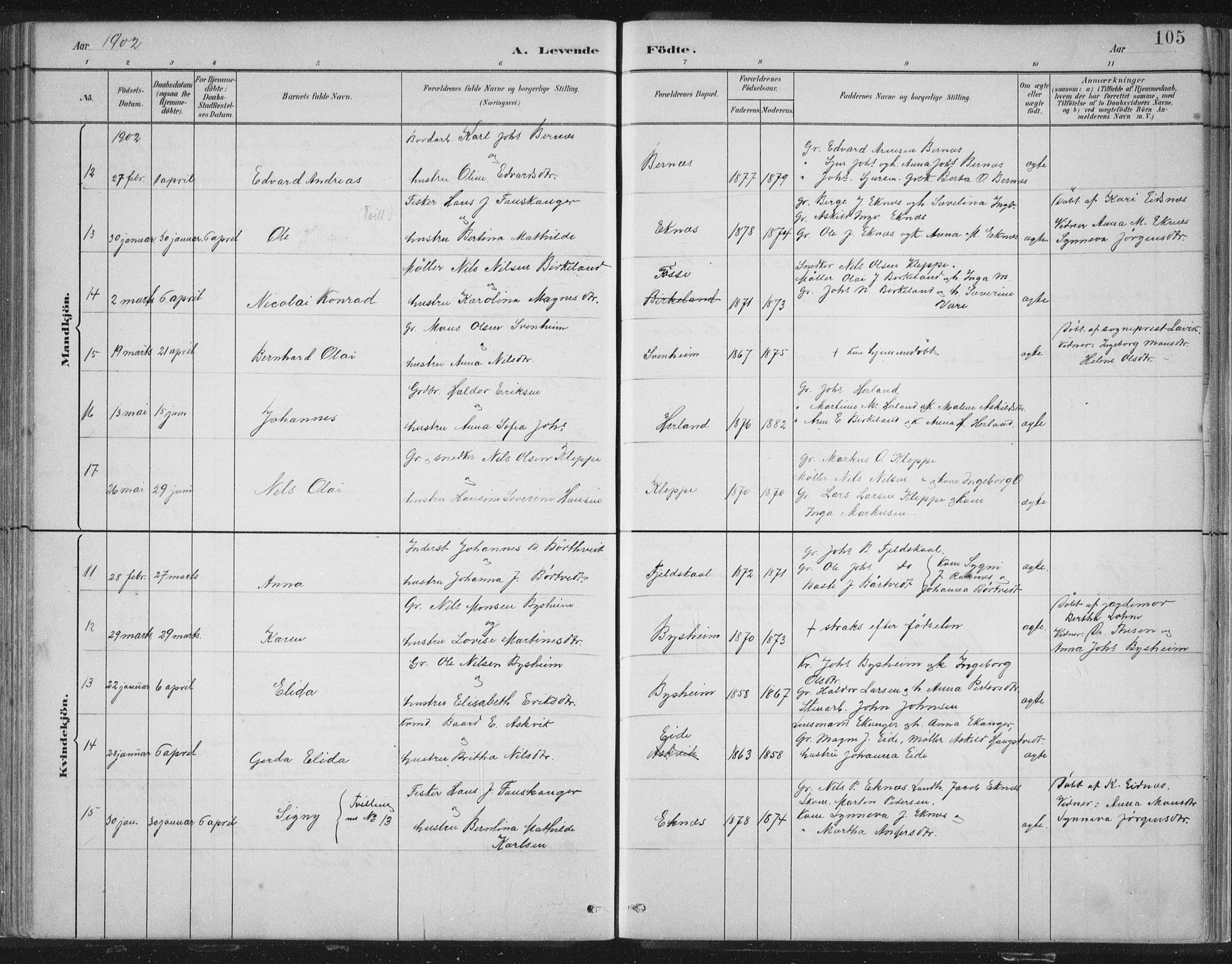 Hosanger sokneprestembete, SAB/A-75801/H/Hab: Parish register (copy) no. A 3 I, 1882-1903, p. 105