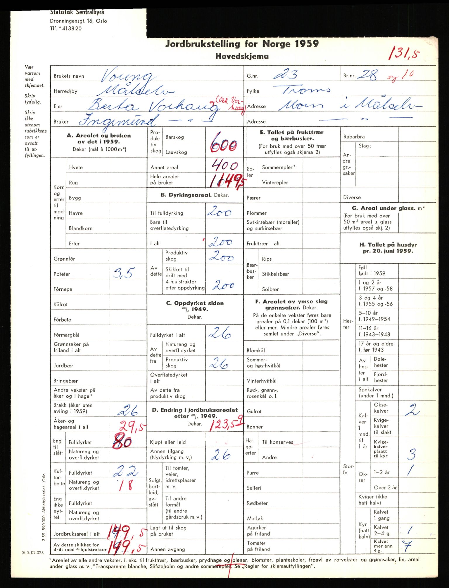 Statistisk sentralbyrå, Næringsøkonomiske emner, Jordbruk, skogbruk, jakt, fiske og fangst, AV/RA-S-2234/G/Gd/L0655: Troms: 1924 Målselv (kl. 4-10), 1959, p. 1113