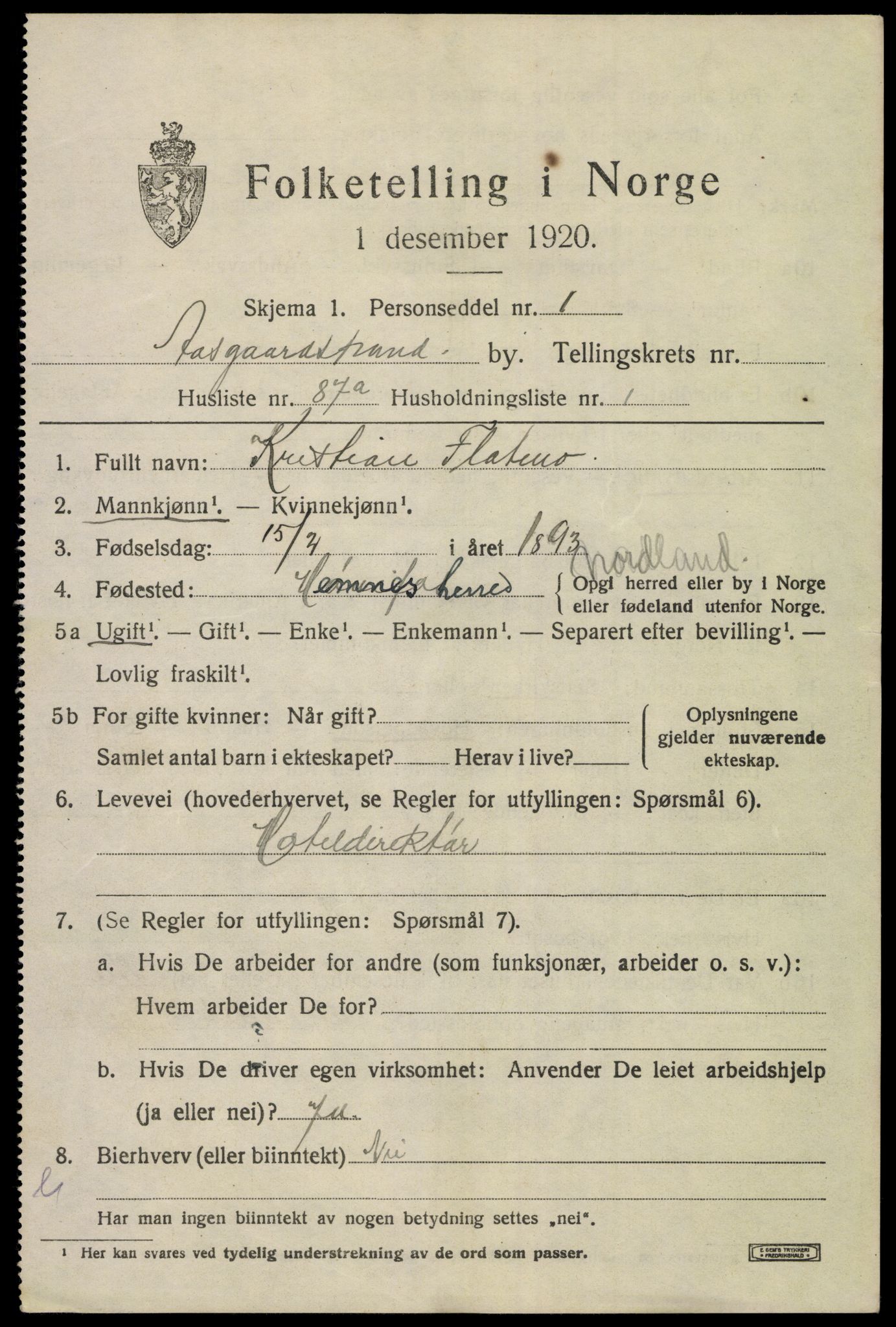 SAKO, 1920 census for Åsgårdstrand, 1920, p. 1253