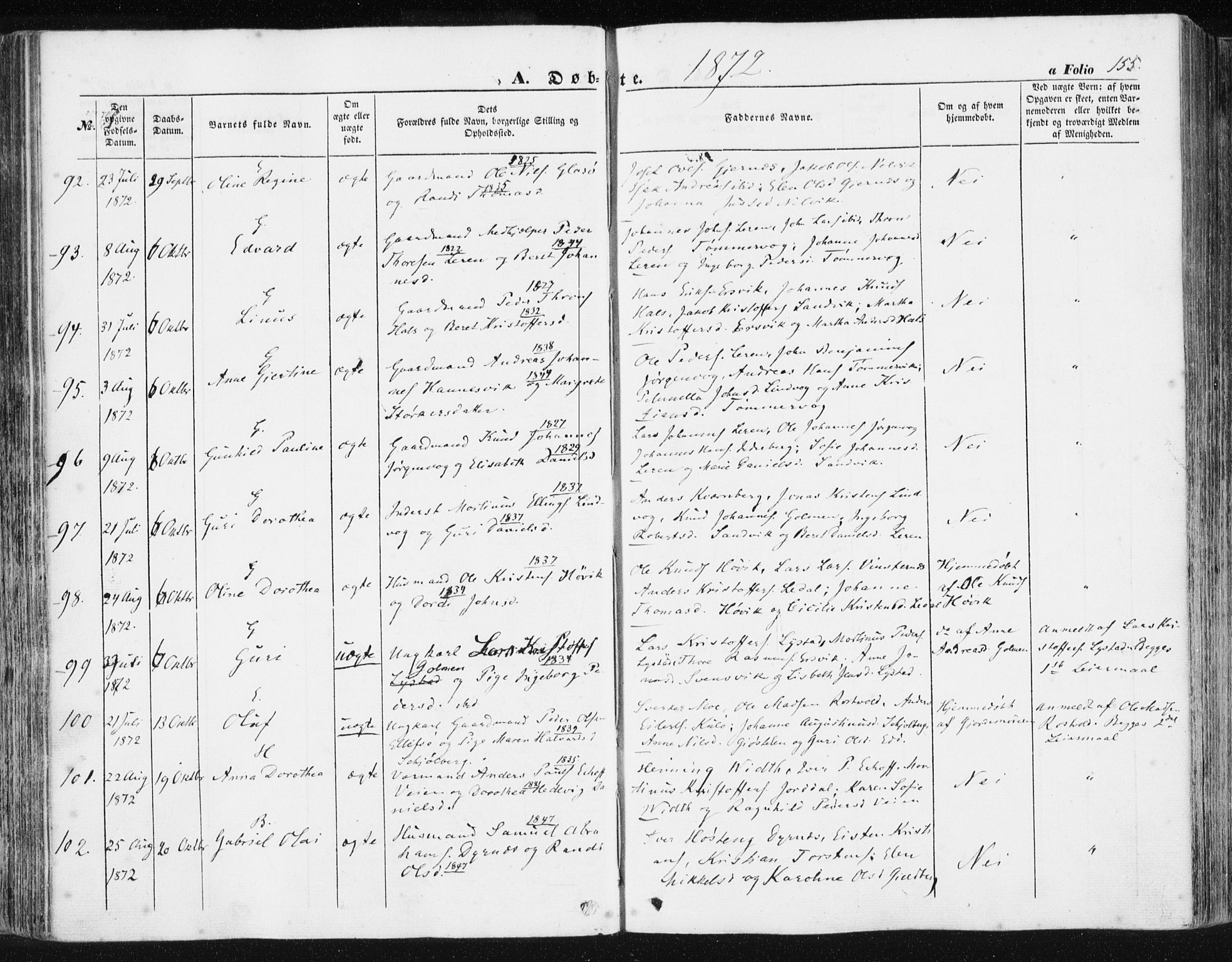 Ministerialprotokoller, klokkerbøker og fødselsregistre - Møre og Romsdal, AV/SAT-A-1454/581/L0937: Parish register (official) no. 581A05, 1853-1872, p. 155