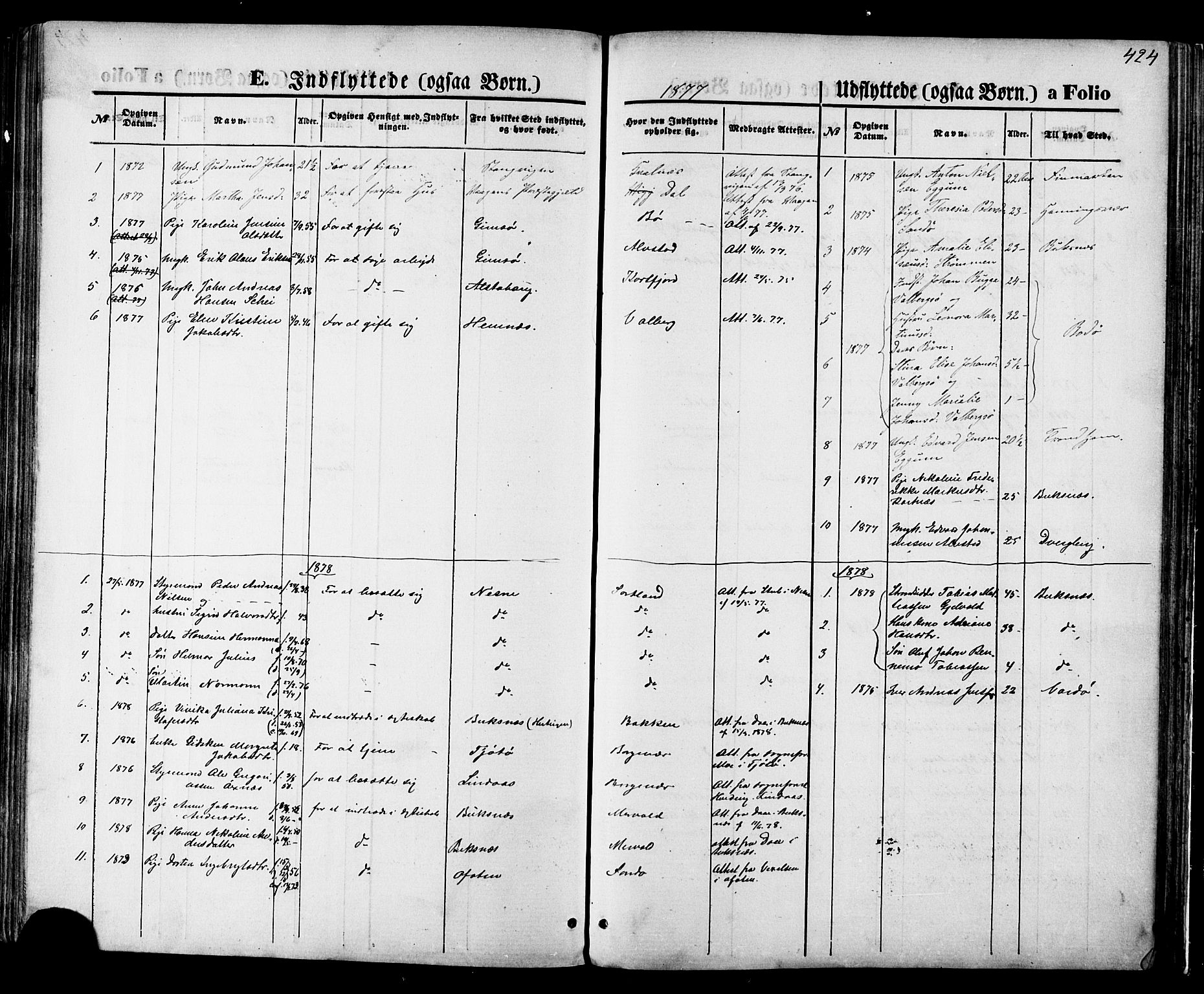 Ministerialprotokoller, klokkerbøker og fødselsregistre - Nordland, SAT/A-1459/880/L1132: Parish register (official) no. 880A06, 1869-1887, p. 424