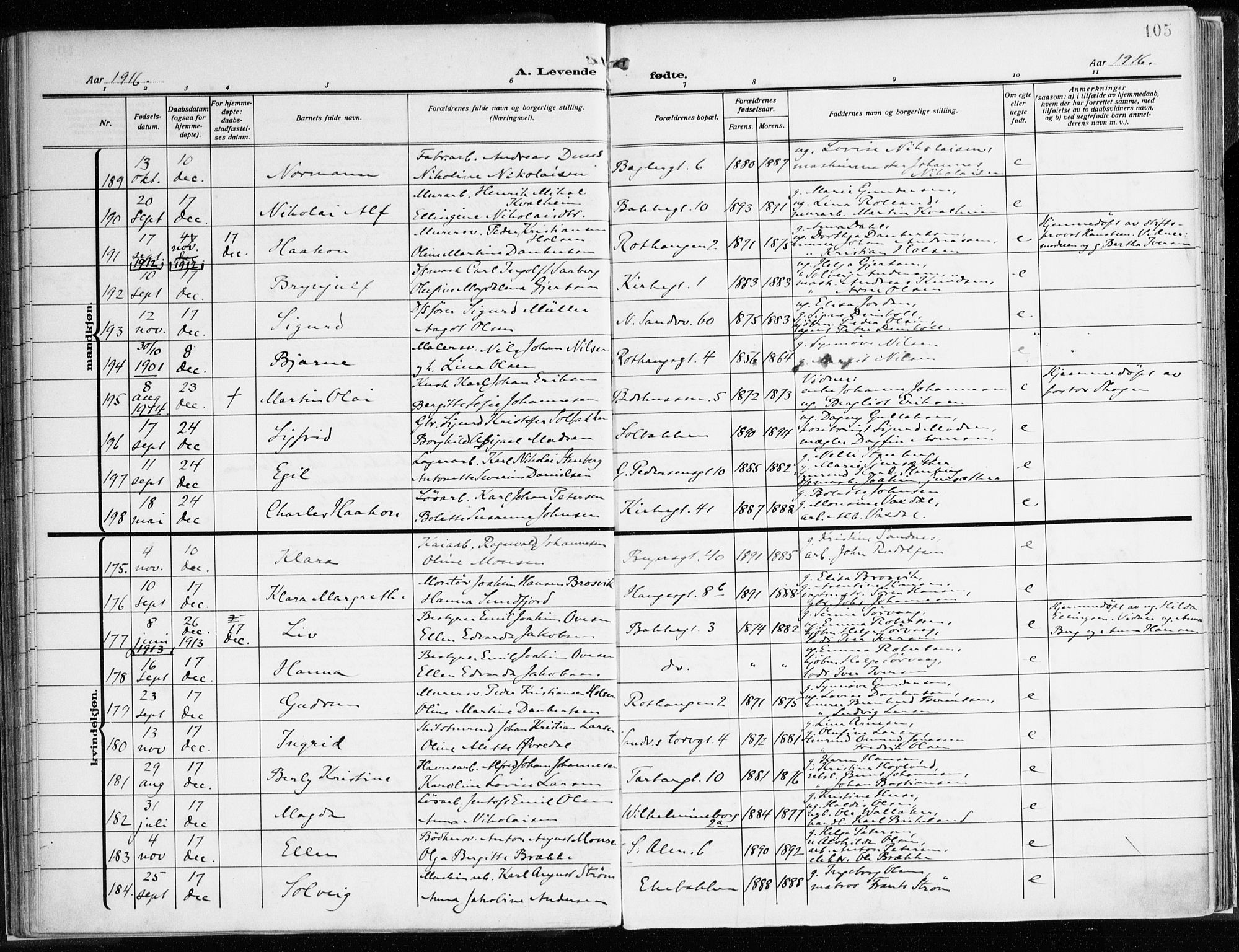 Sandviken Sokneprestembete, AV/SAB-A-77601/H/Ha/L0007: Parish register (official) no. B 4, 1912-1924, p. 105