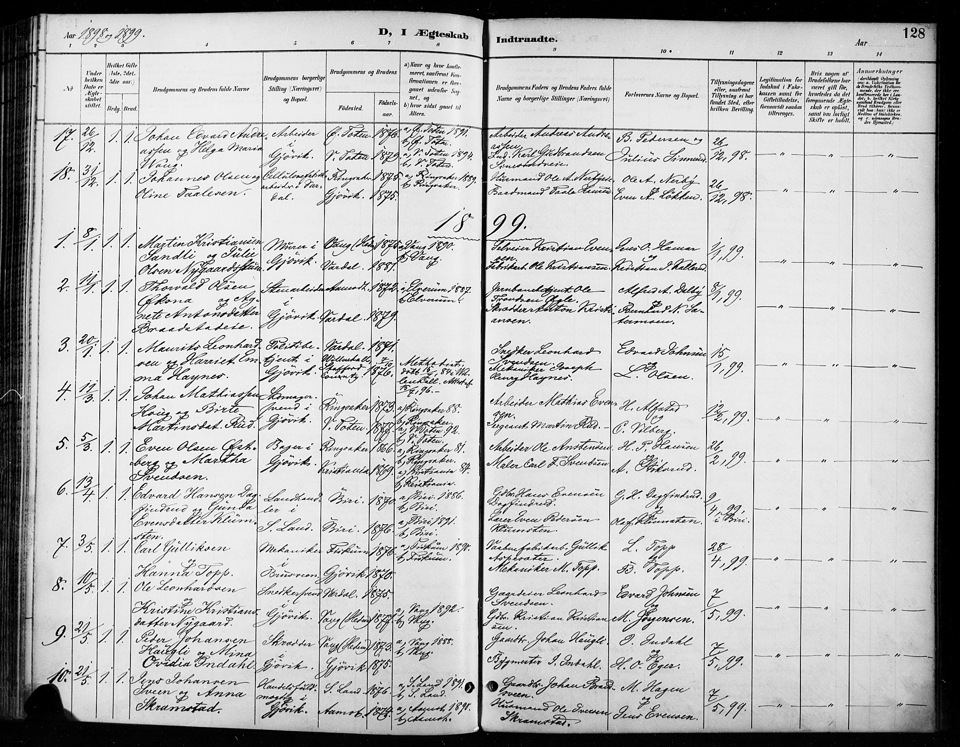 Vardal prestekontor, SAH/PREST-100/H/Ha/Haa/L0011: Parish register (official) no. 11, 1891-1901, p. 128