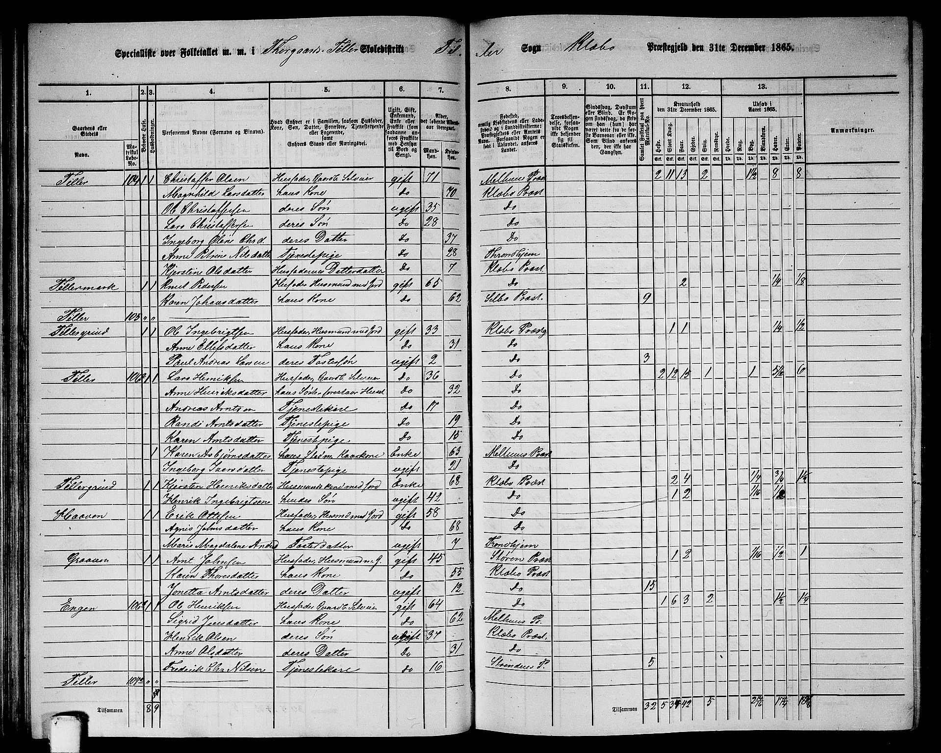 RA, 1865 census for Klæbu, 1865, p. 62