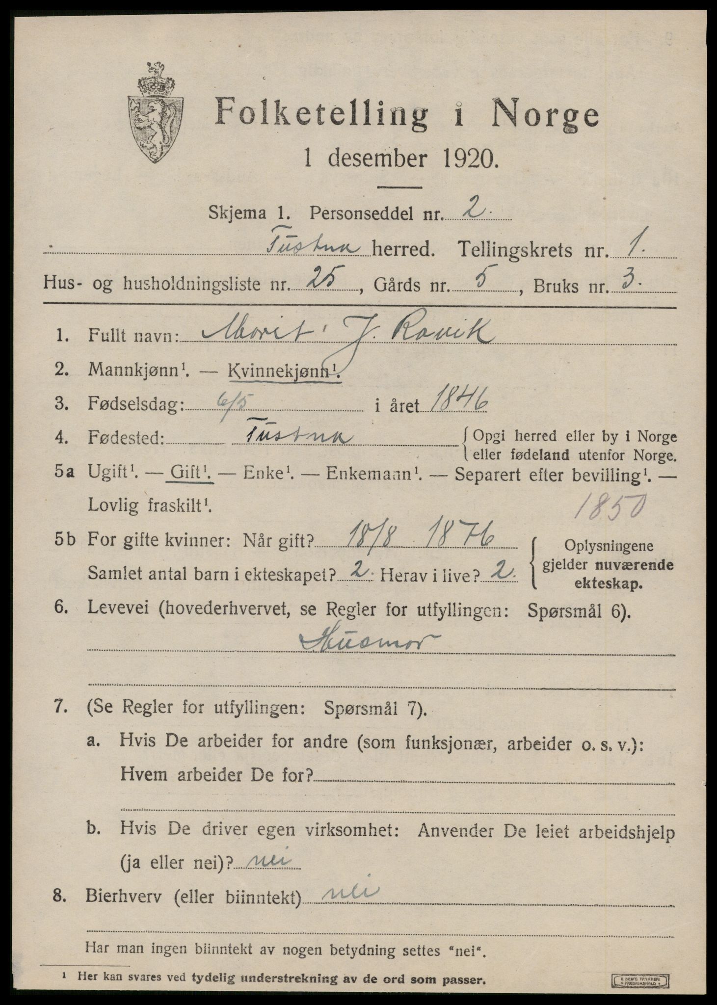 SAT, 1920 census for Tustna, 1920, p. 891