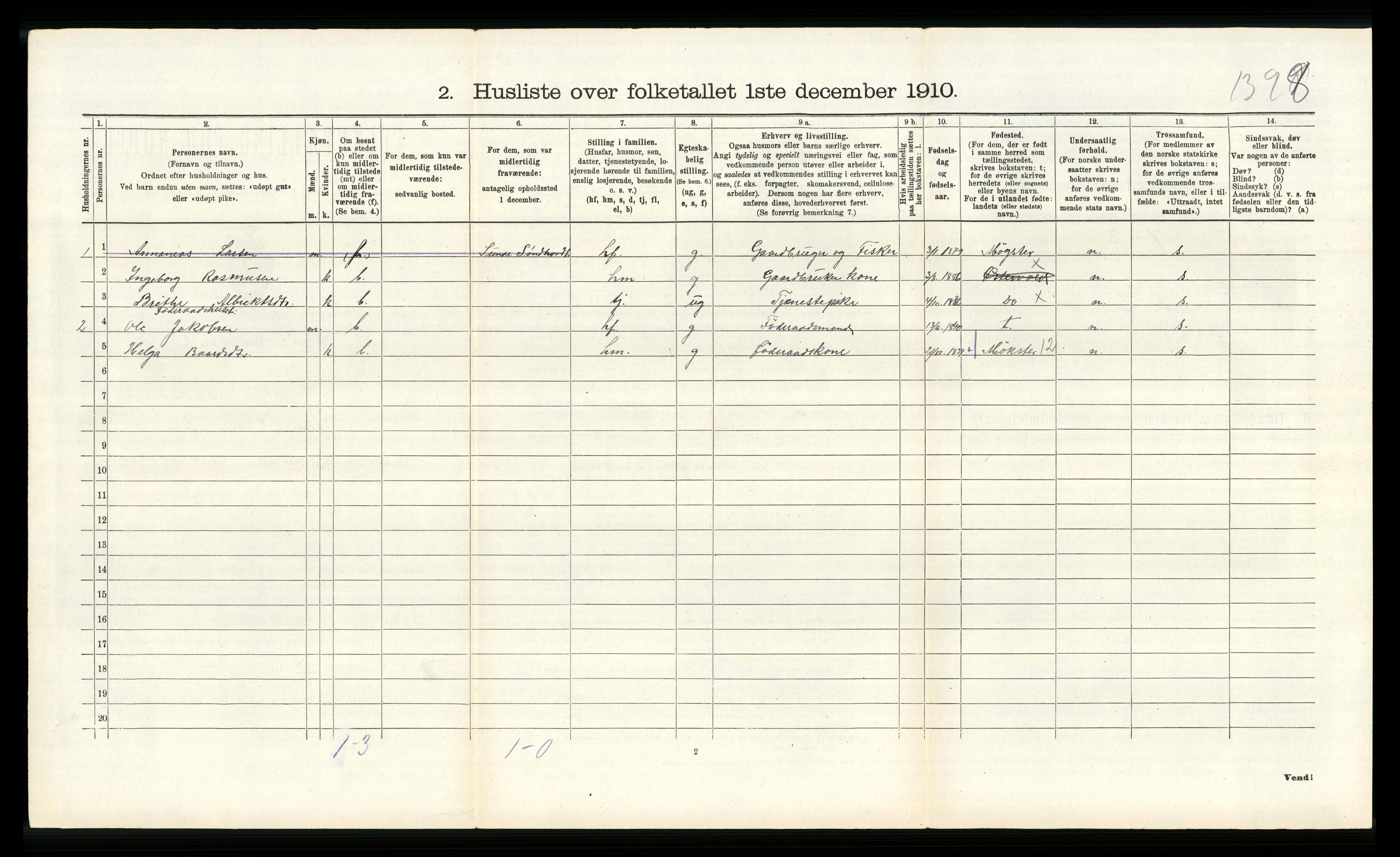 RA, 1910 census for Fitjar, 1910, p. 168