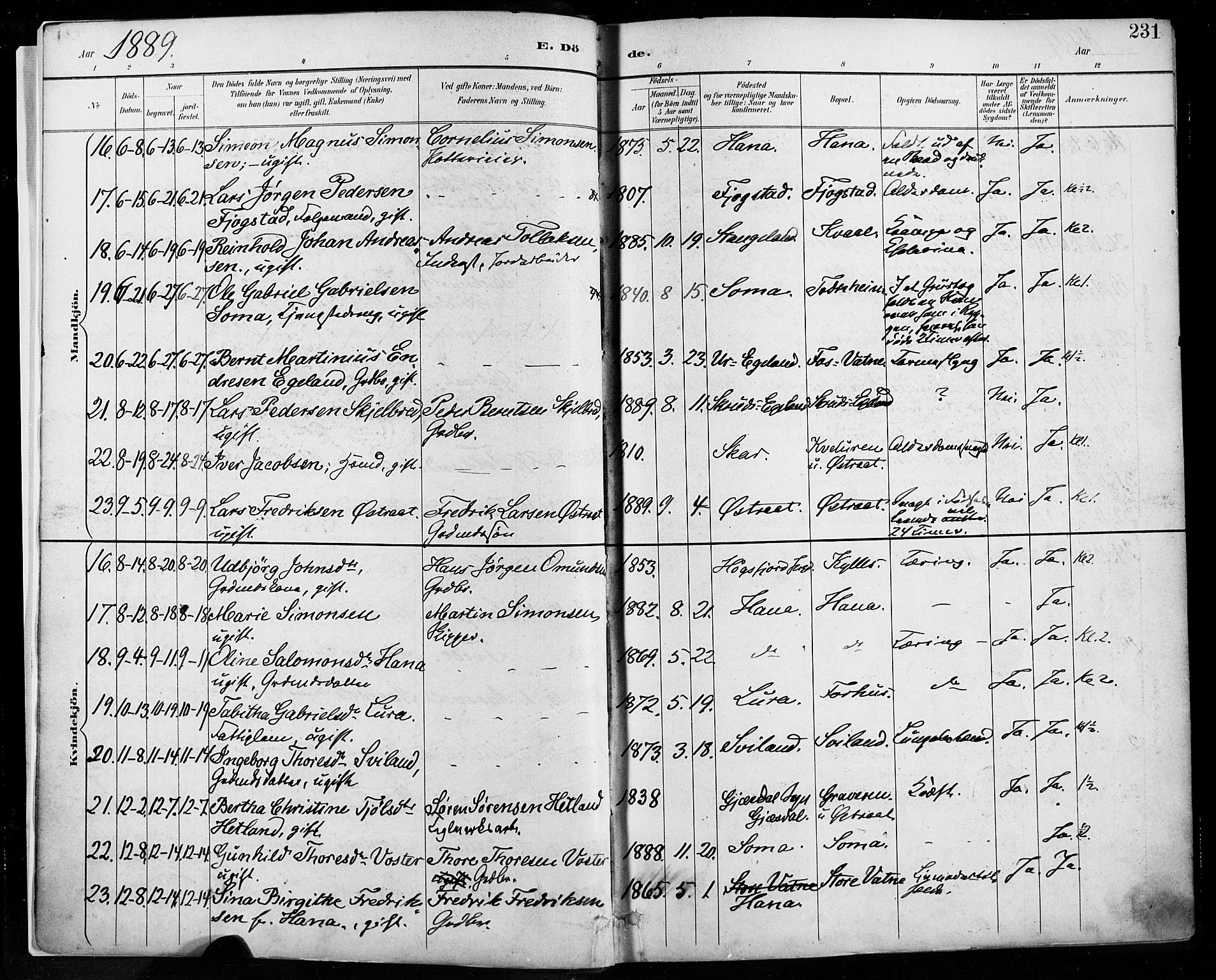 Høyland sokneprestkontor, SAST/A-101799/001/30BA/L0013: Parish register (official) no. A 13.2, 1889-1898, p. 231