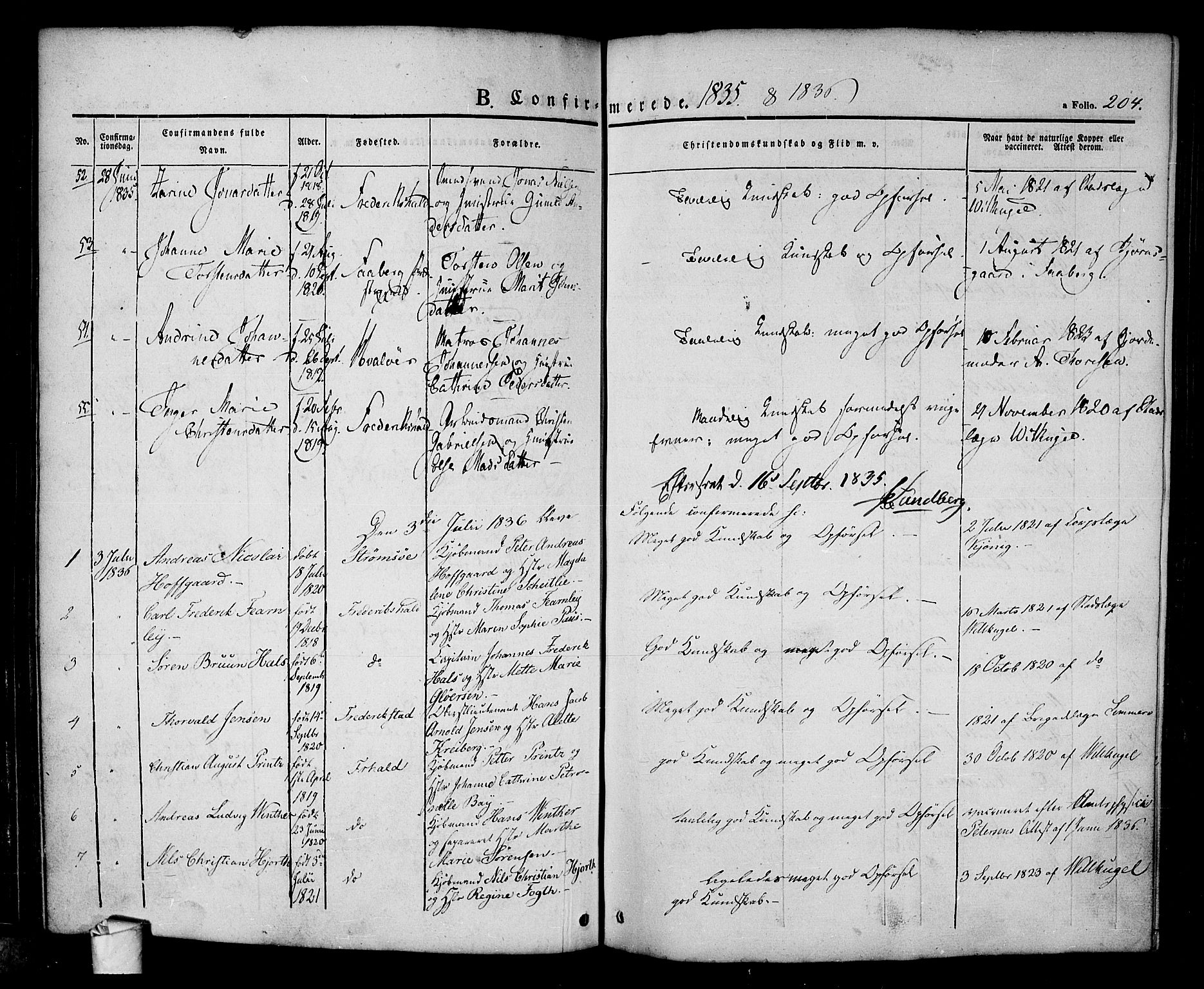 Halden prestekontor Kirkebøker, SAO/A-10909/F/Fa/L0005: Parish register (official) no. I 5, 1834-1845, p. 204