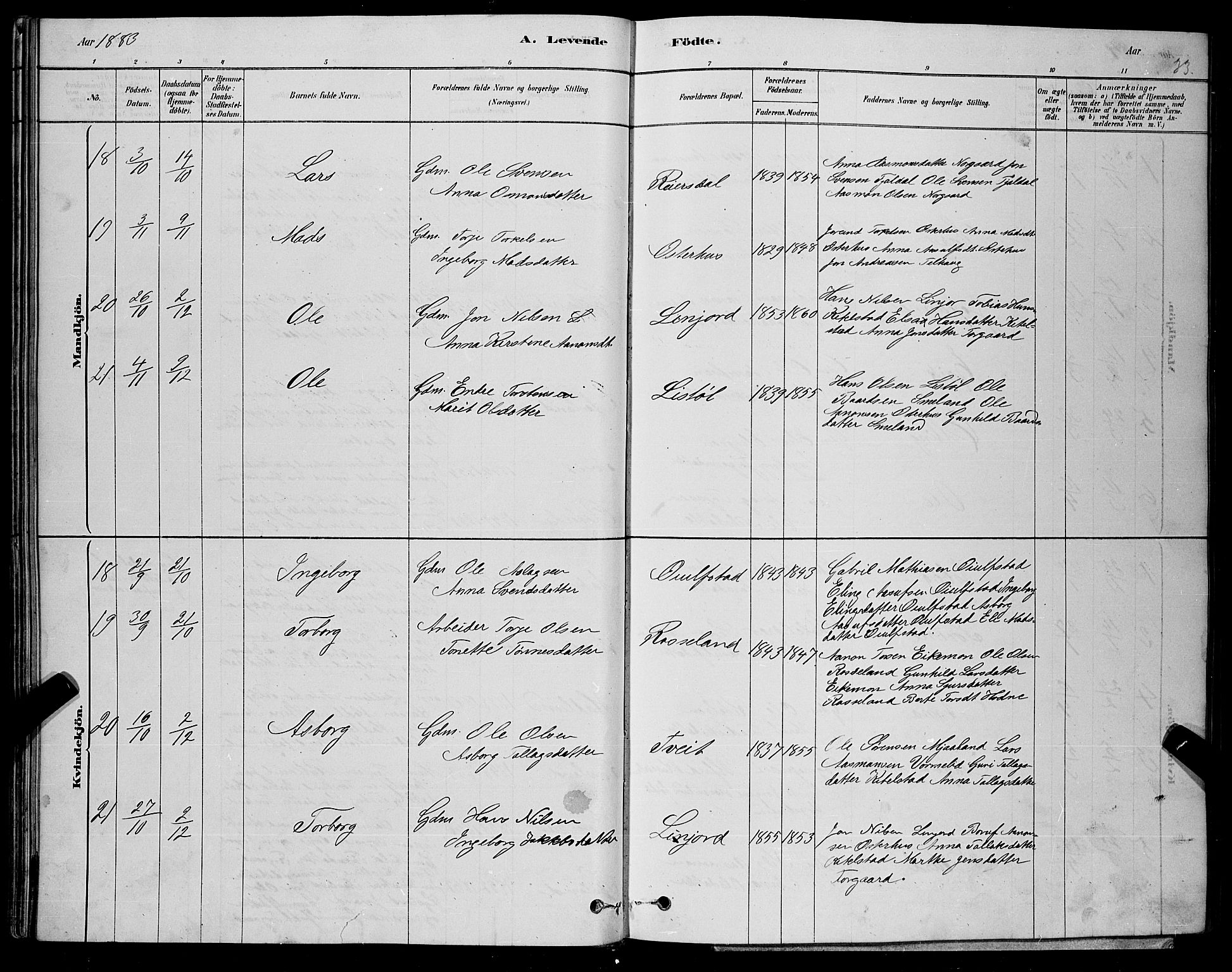 Åseral sokneprestkontor, AV/SAK-1111-0051/F/Fb/L0002: Parish register (copy) no. B 2, 1878-1899, p. 33