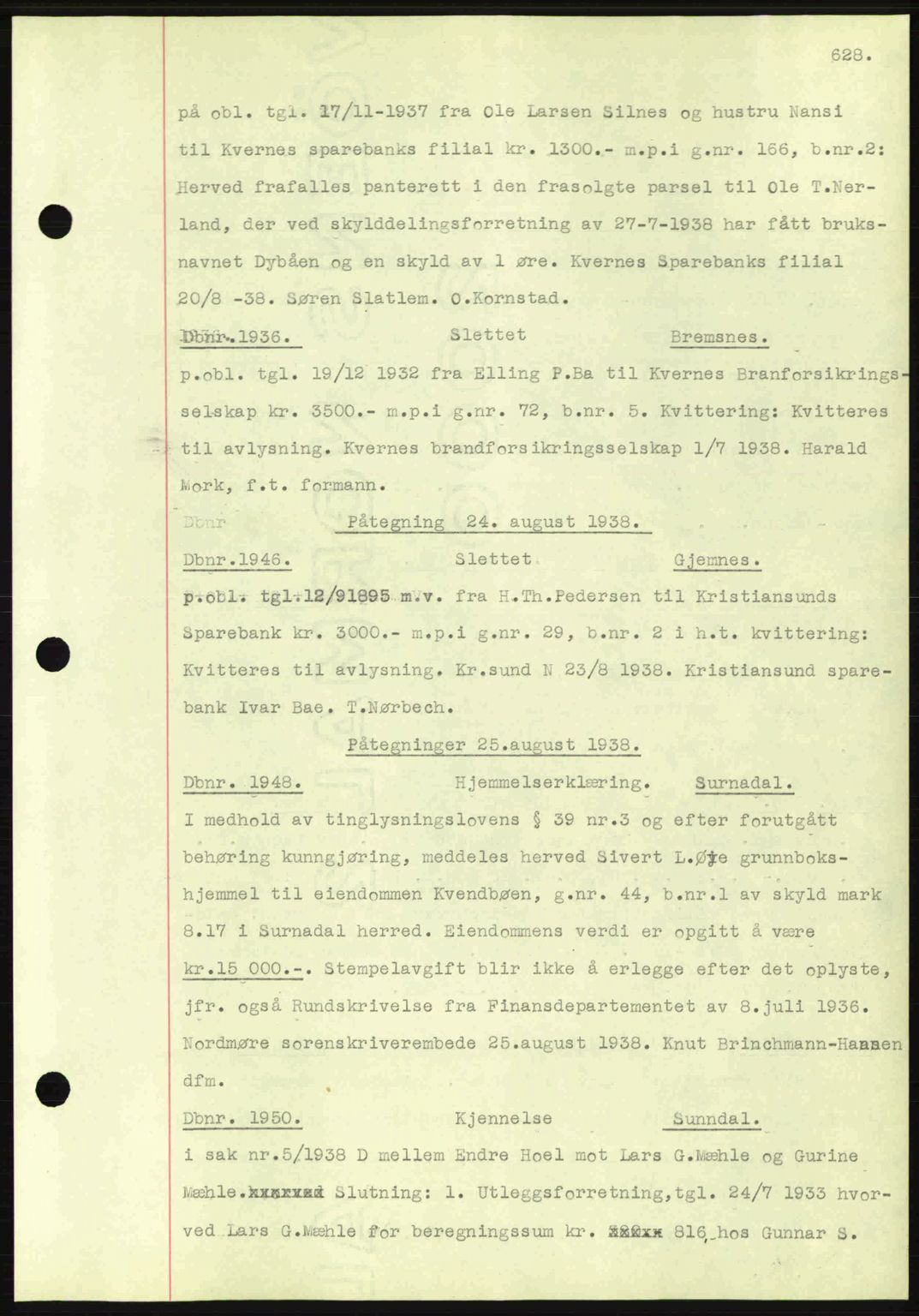 Nordmøre sorenskriveri, AV/SAT-A-4132/1/2/2Ca: Mortgage book no. C80, 1936-1939, Diary no: : 1936/1938