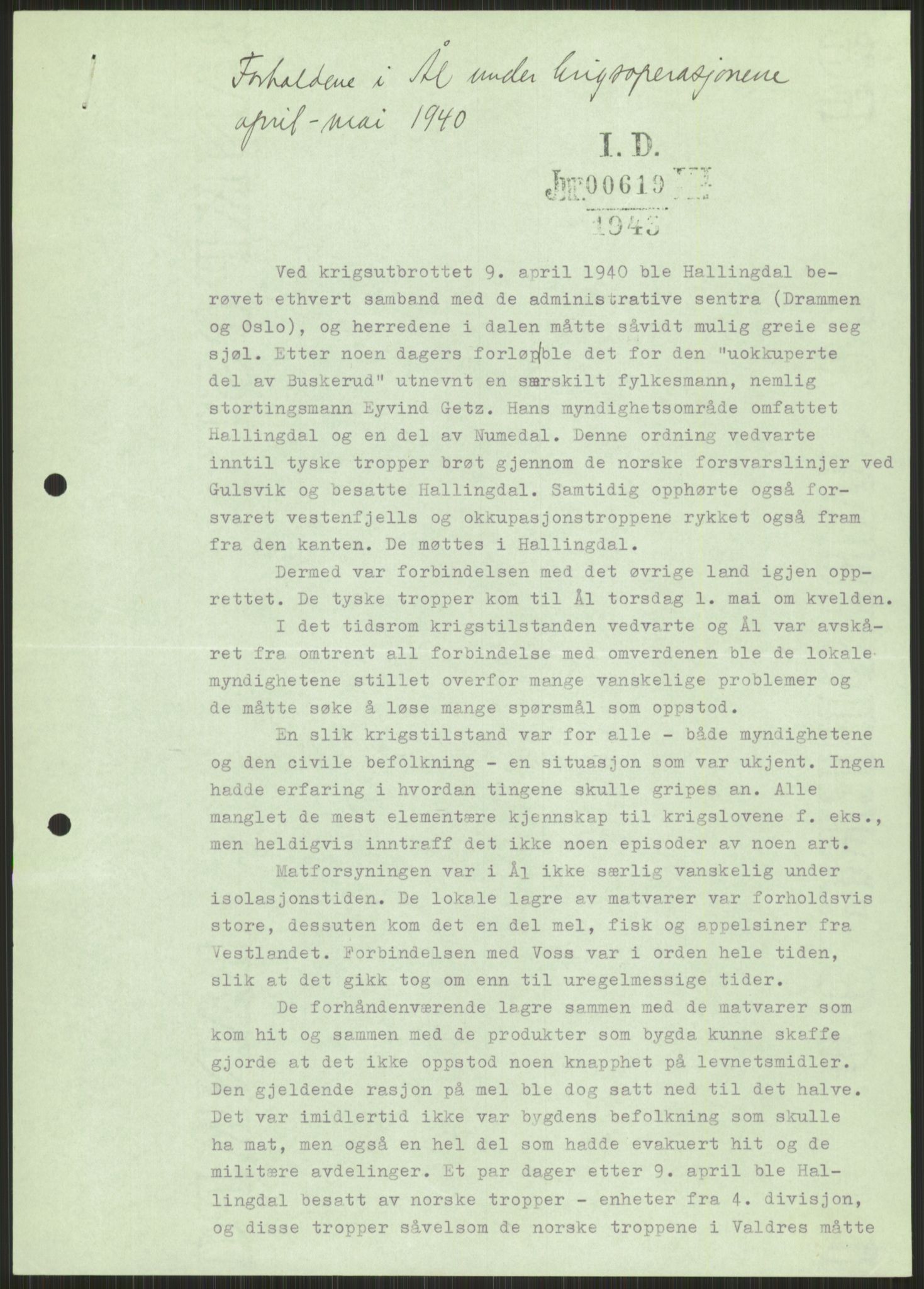 Forsvaret, Forsvarets krigshistoriske avdeling, AV/RA-RAFA-2017/Y/Ya/L0014: II-C-11-31 - Fylkesmenn.  Rapporter om krigsbegivenhetene 1940., 1940, p. 502