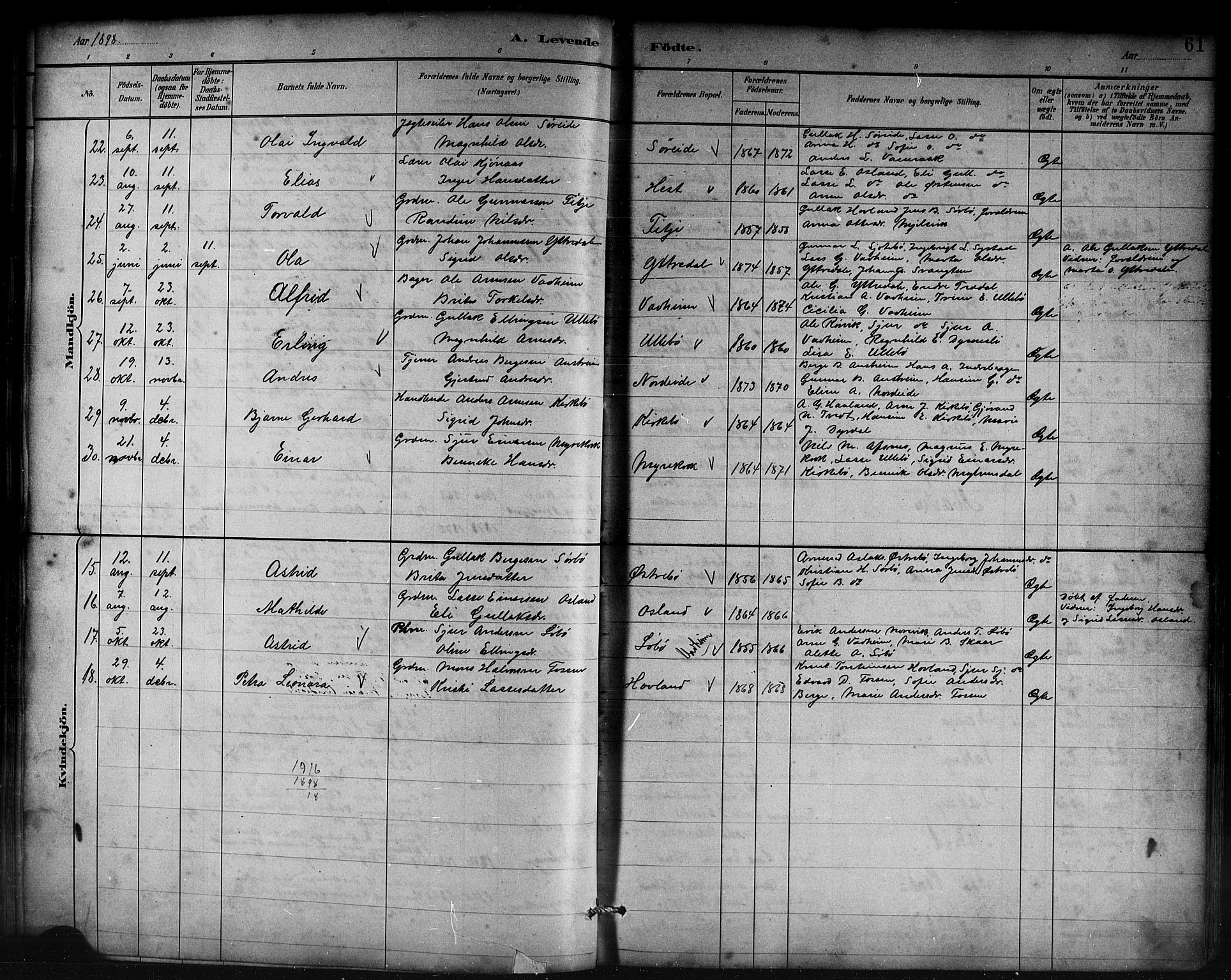 Lavik sokneprestembete, AV/SAB-A-80901: Parish register (copy) no. B 3, 1882-1913, p. 61