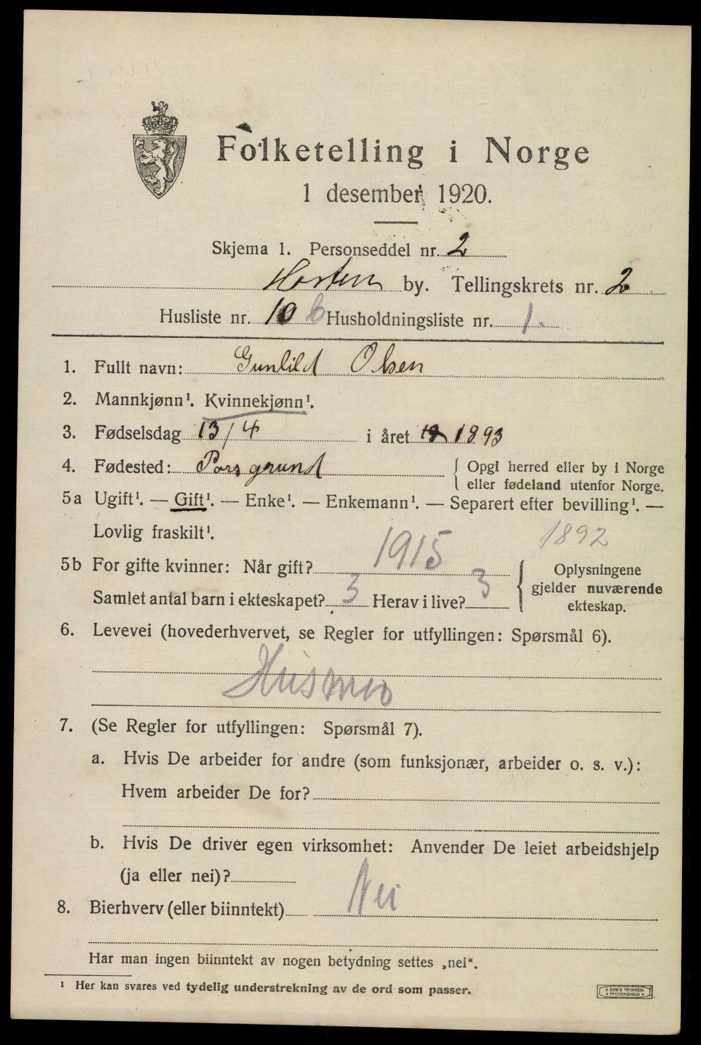 SAKO, 1920 census for Horten, 1920, p. 10323