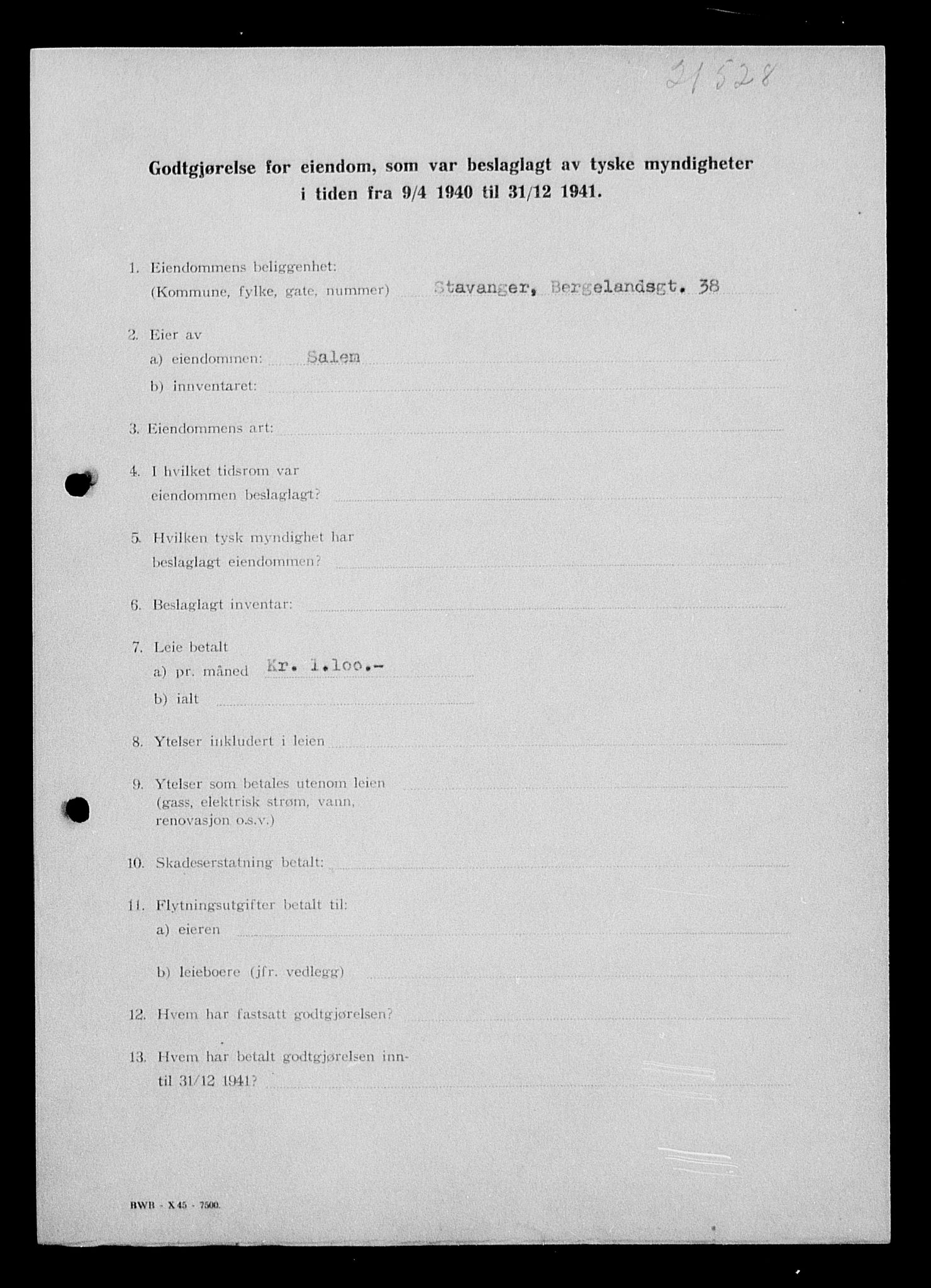Justisdepartementet, Tilbakeføringskontoret for inndratte formuer, AV/RA-S-1564/I/L1014: Godtgjørelse for beslaglagt eiendom, 1940-1941, p. 113