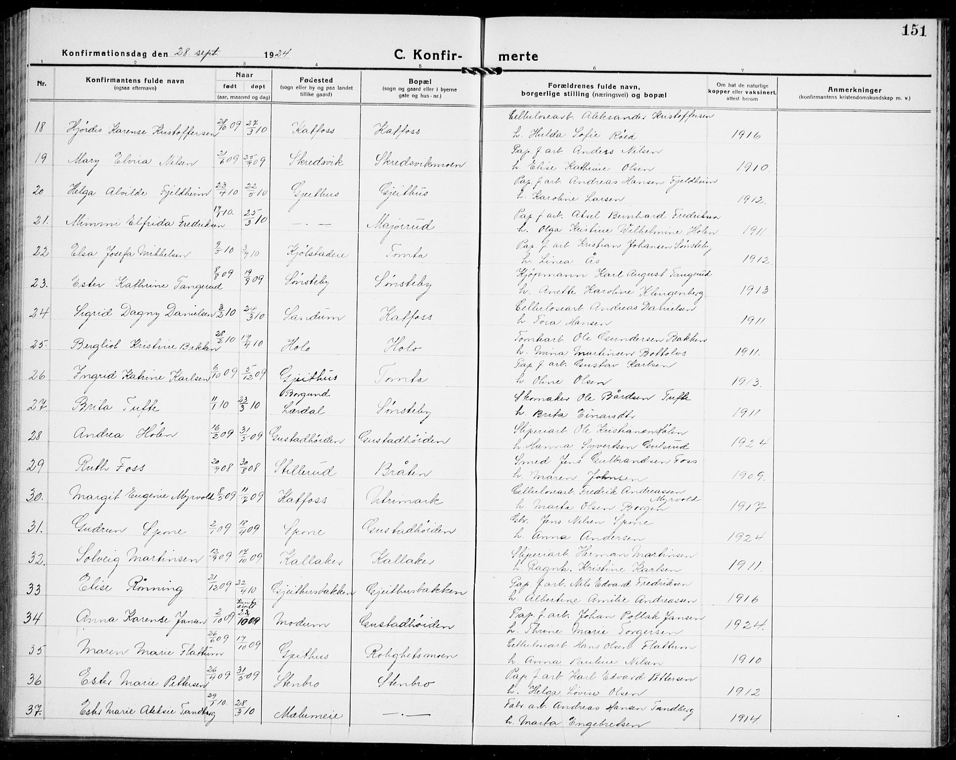Modum kirkebøker, AV/SAKO-A-234/G/Ga/L0012: Parish register (copy) no. I 12, 1923-1933, p. 151