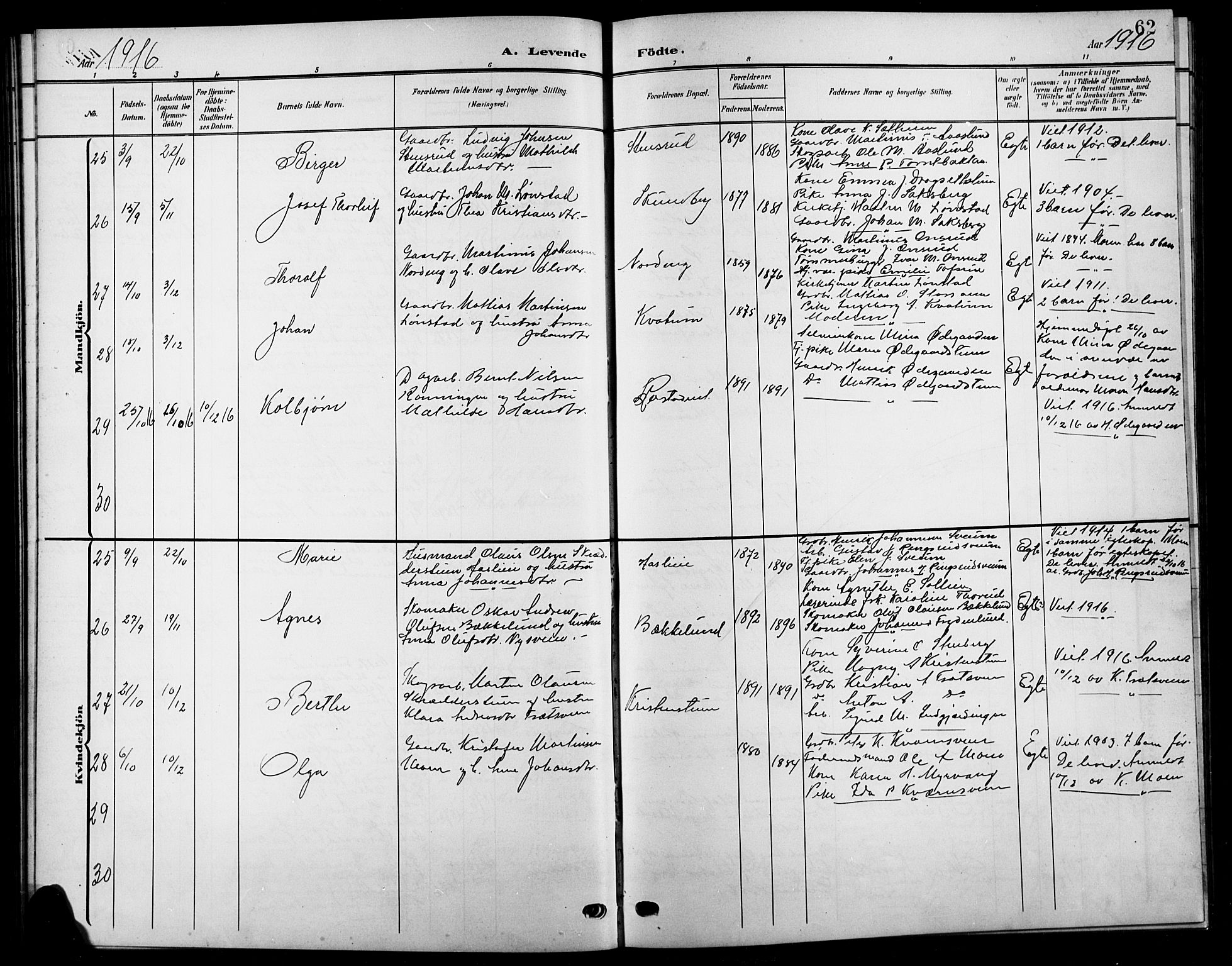 Biri prestekontor, SAH/PREST-096/H/Ha/Hab/L0005: Parish register (copy) no. 5, 1906-1919, p. 62