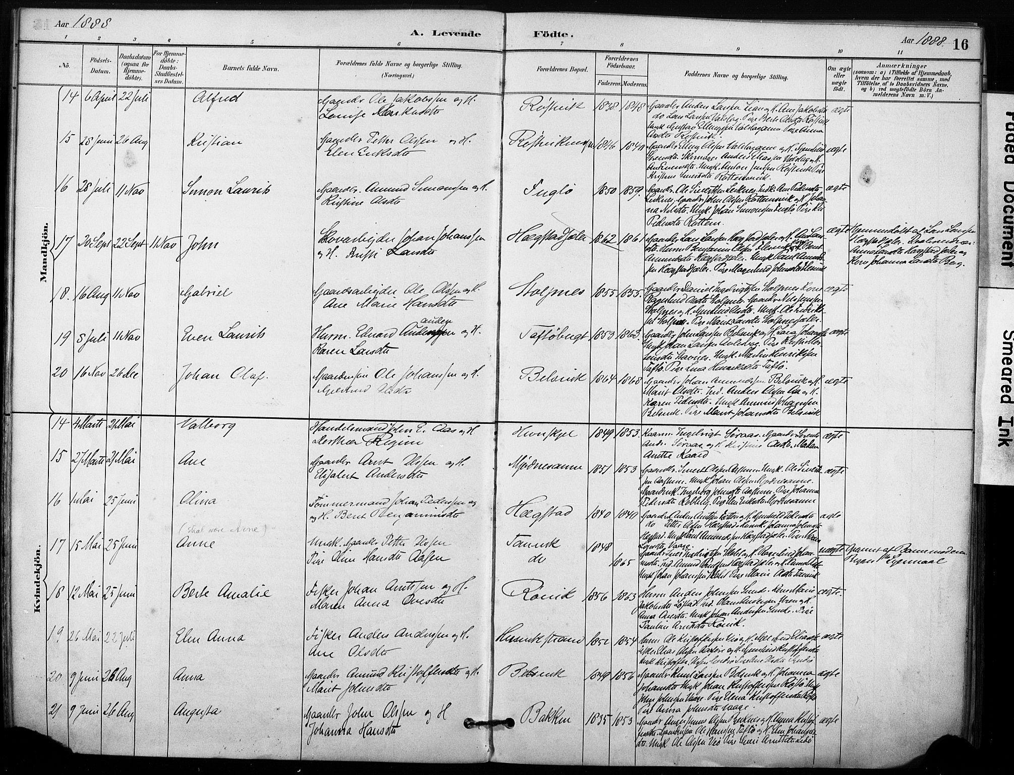 Ministerialprotokoller, klokkerbøker og fødselsregistre - Sør-Trøndelag, SAT/A-1456/633/L0518: Parish register (official) no. 633A01, 1884-1906, p. 16
