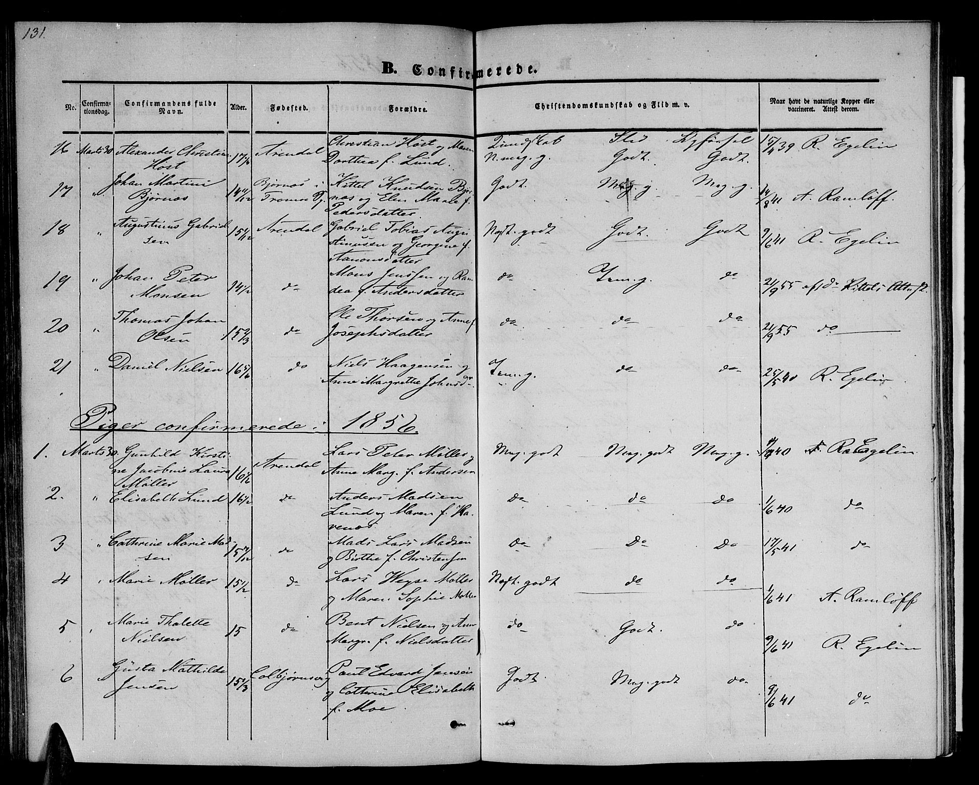 Arendal sokneprestkontor, Trefoldighet, AV/SAK-1111-0040/F/Fb/L0002: Parish register (copy) no. B 2, 1838-1860, p. 131