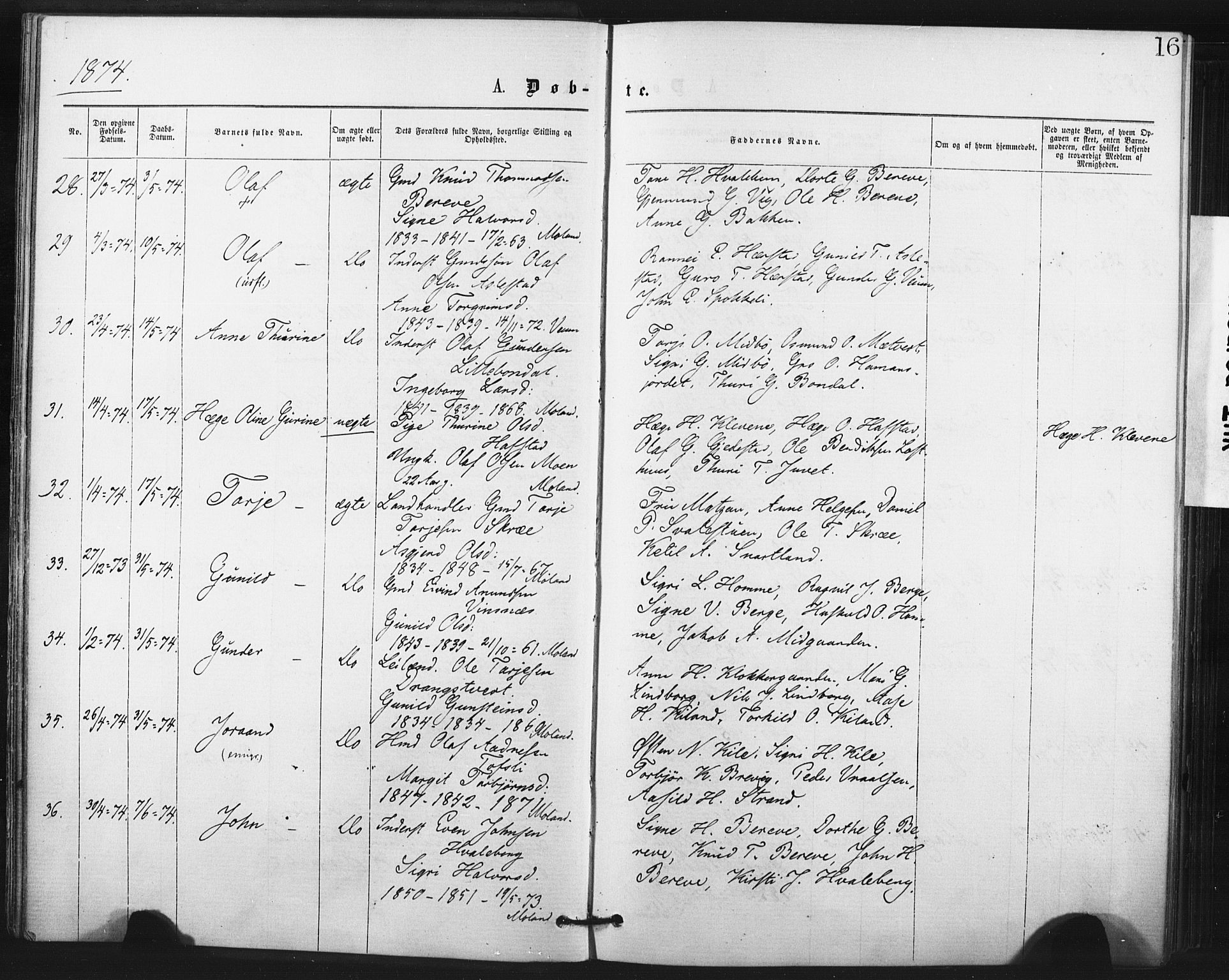 Fyresdal kirkebøker, AV/SAKO-A-263/F/Fa/L0006: Parish register (official) no. I 6, 1872-1886, p. 16