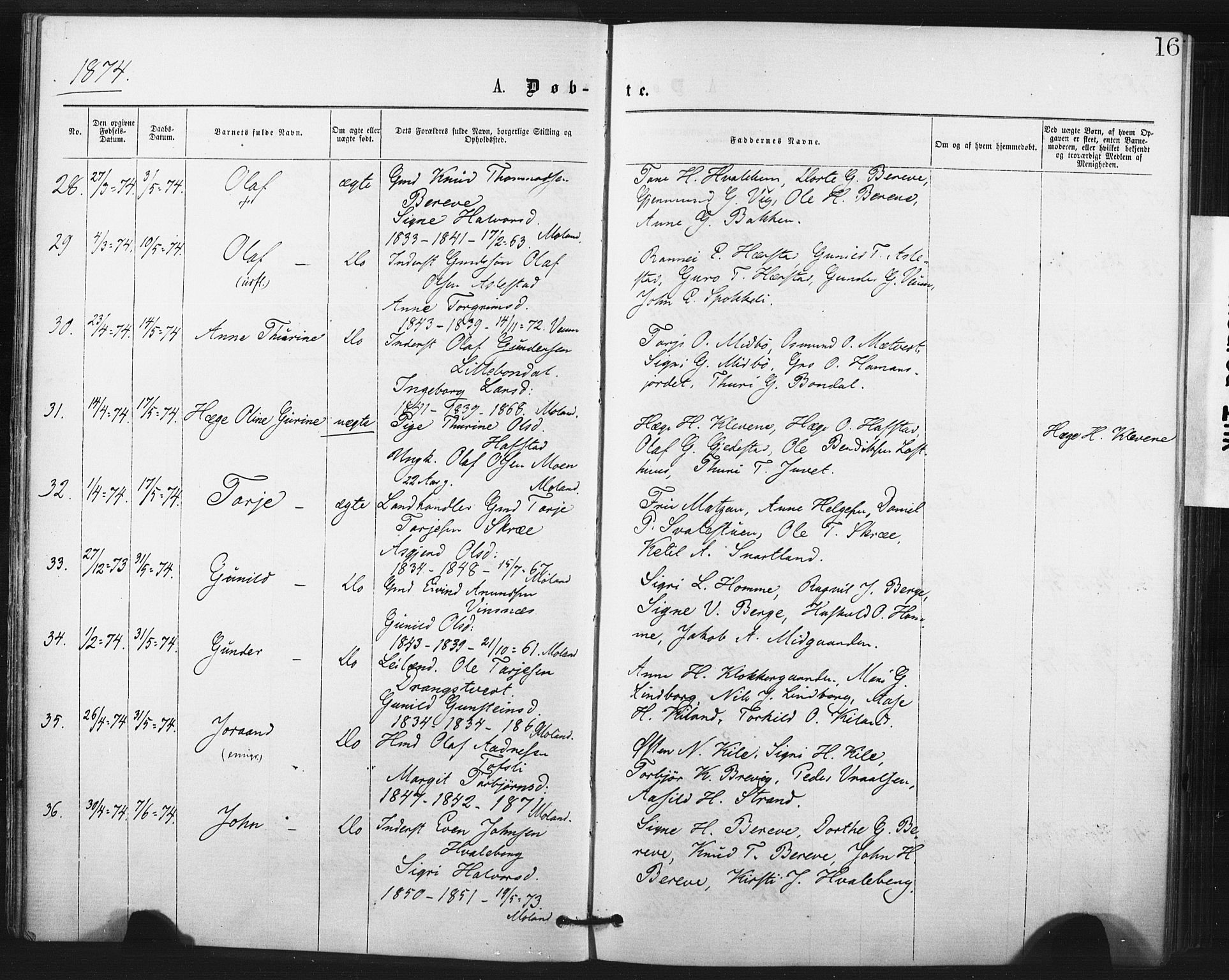 Fyresdal kirkebøker, AV/SAKO-A-263/F/Fa/L0006: Parish register (official) no. I 6, 1872-1886, p. 16