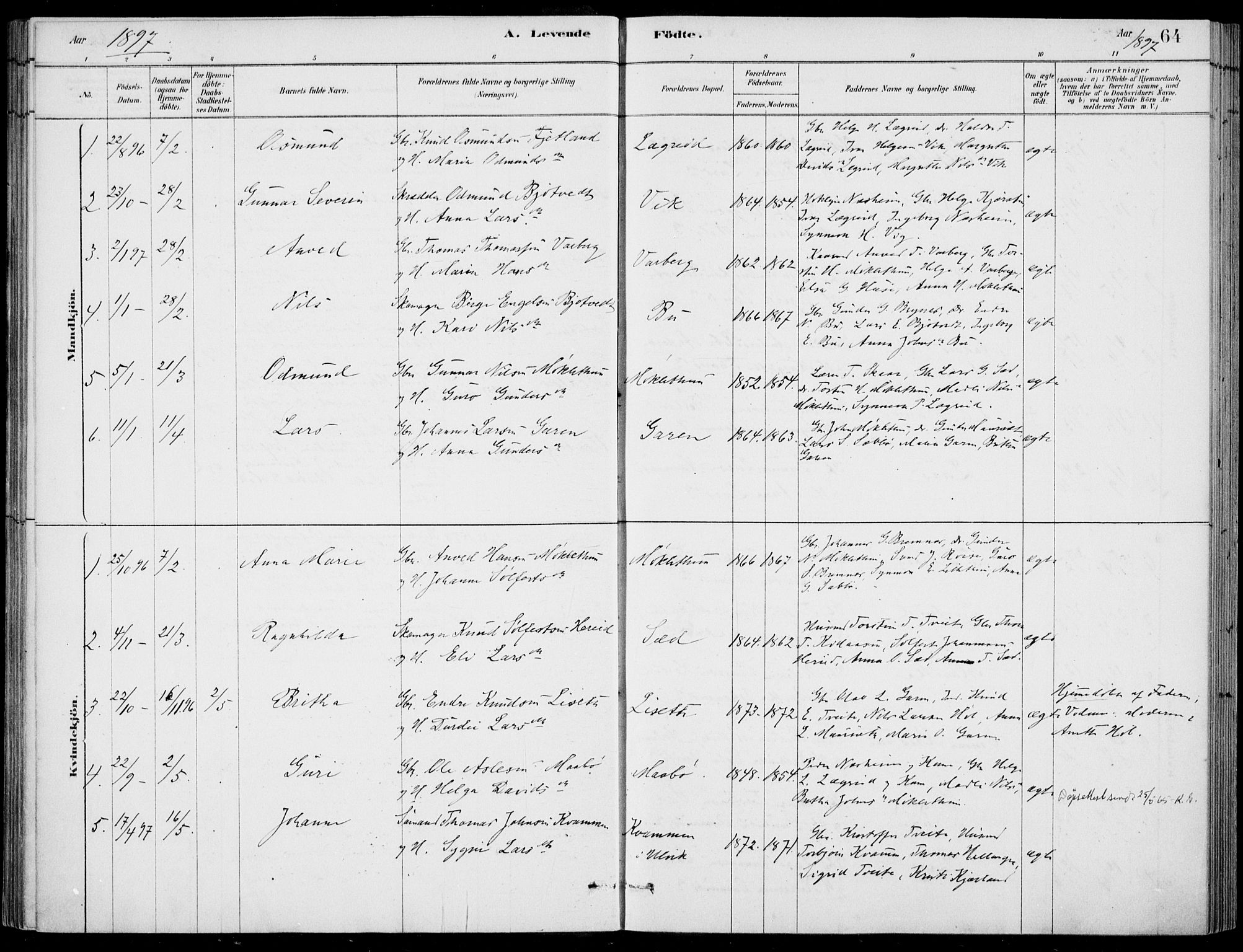 Ulvik sokneprestembete, AV/SAB-A-78801/H/Haa: Parish register (official) no. D  1, 1878-1903, p. 64