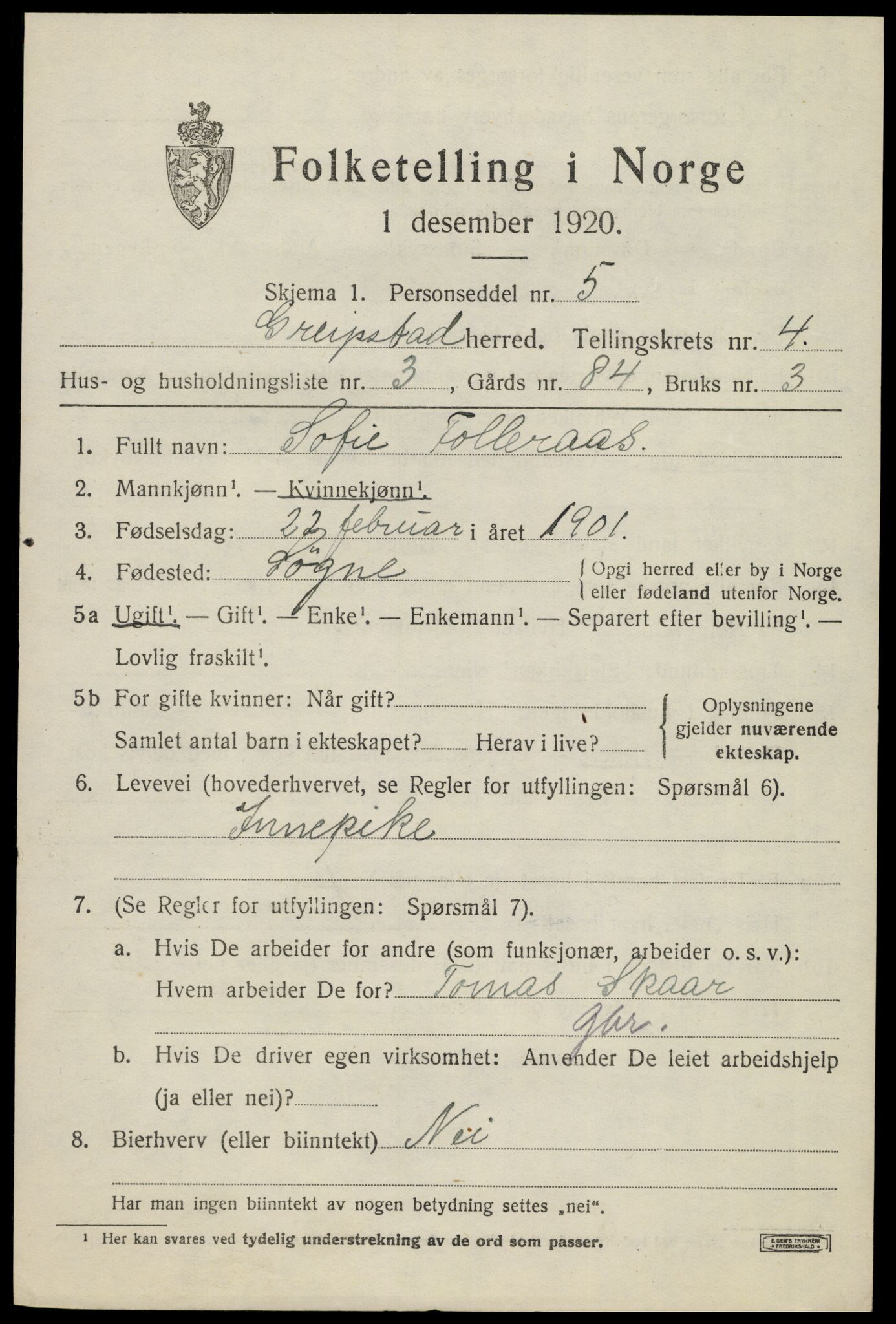 SAK, 1920 census for Greipstad, 1920, p. 1532