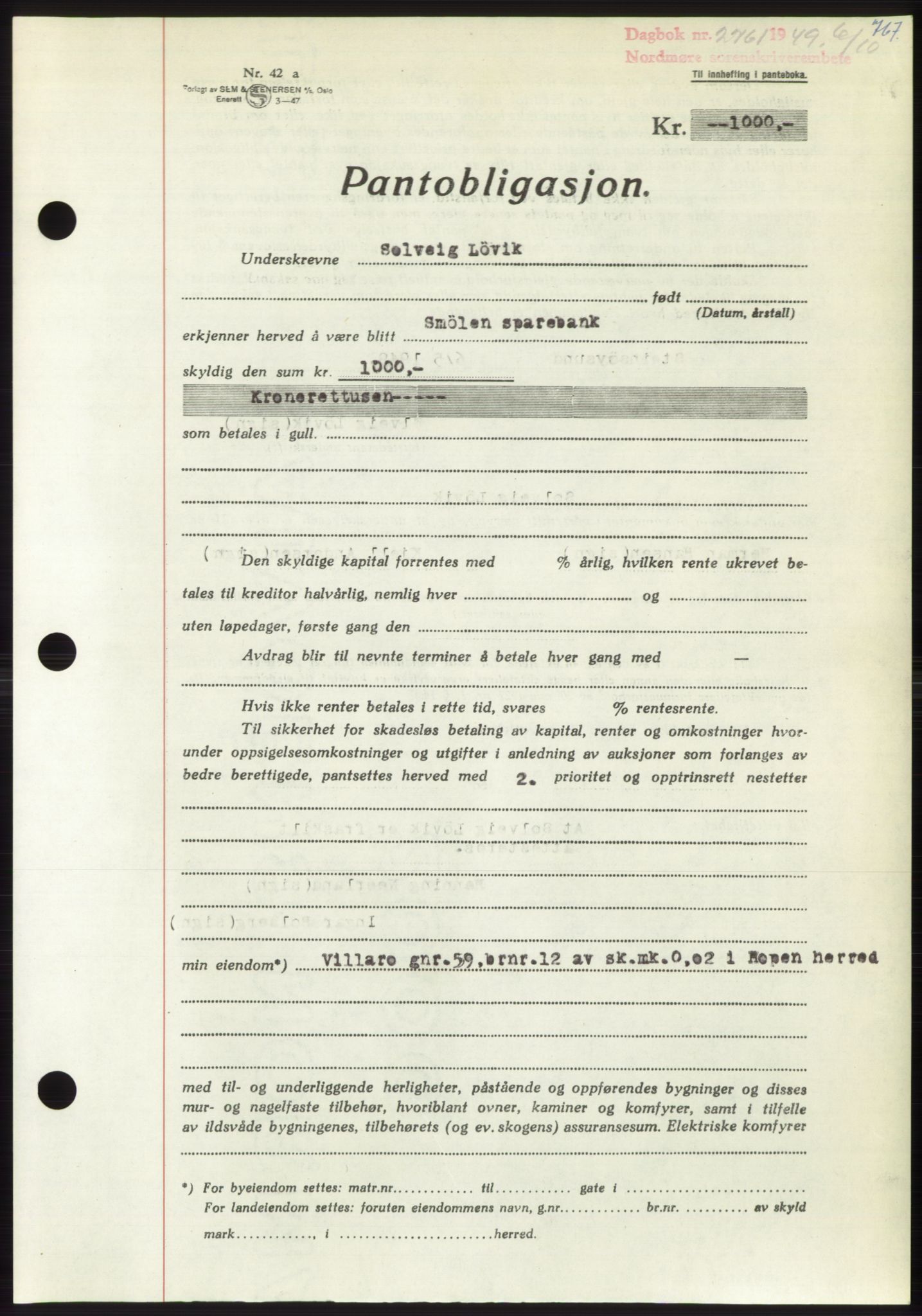 Nordmøre sorenskriveri, AV/SAT-A-4132/1/2/2Ca: Mortgage book no. B102, 1949-1949, Diary no: : 2761/1949